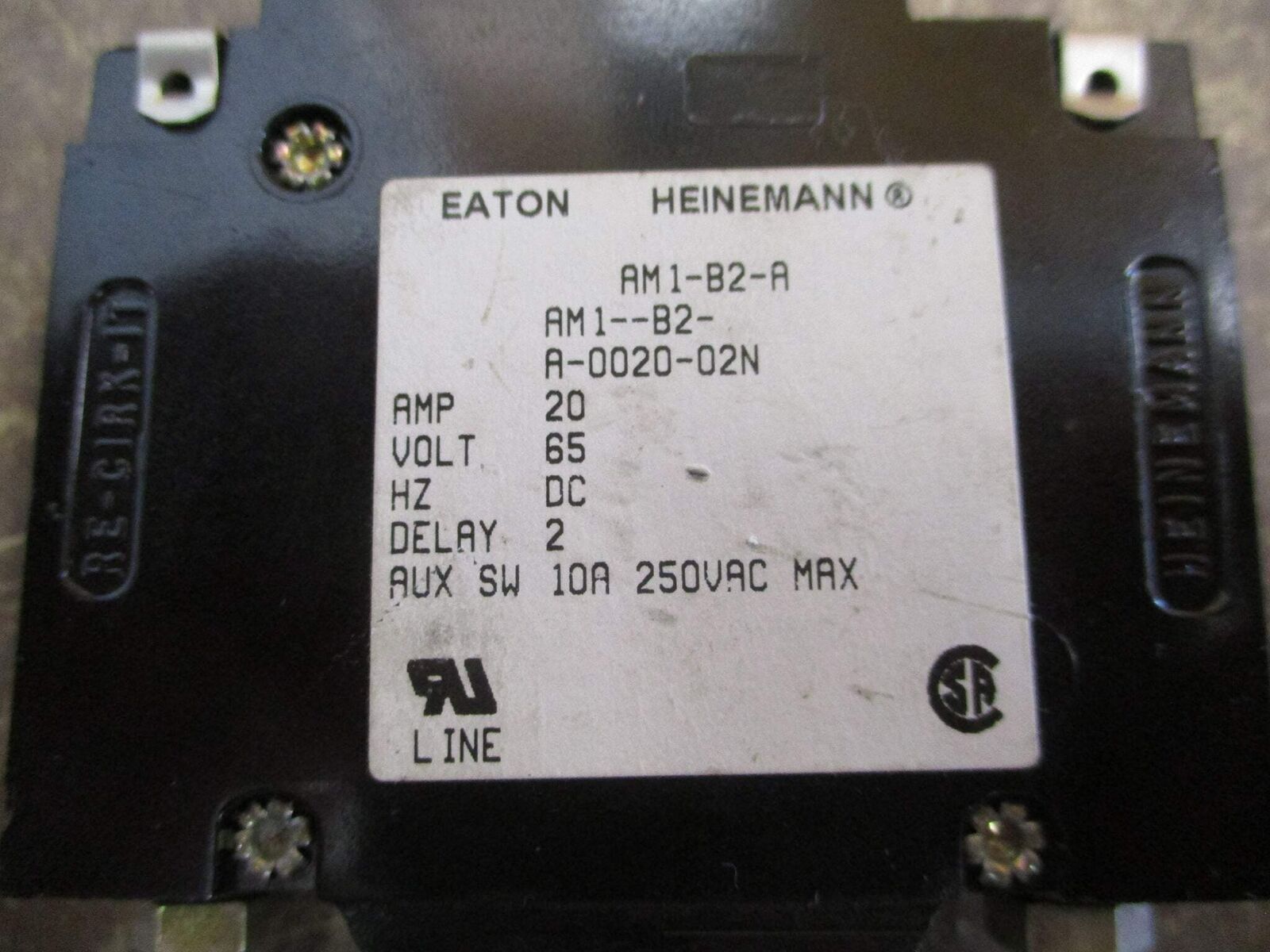 Eaton Heinemann DC Circuit Breaker AM1-B2-A-0020-02N 20A 65VDC 1P Used