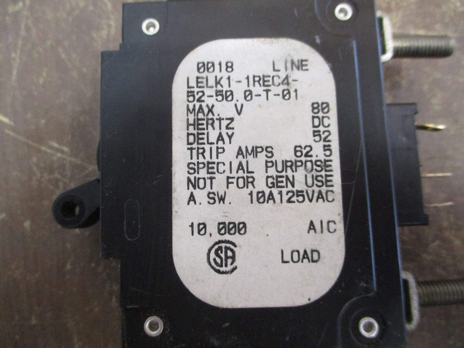 Airpax DC Circuit Breaker LELK1-1REC4-52-50.0-T-01 62.5A 80VDC 1P Used