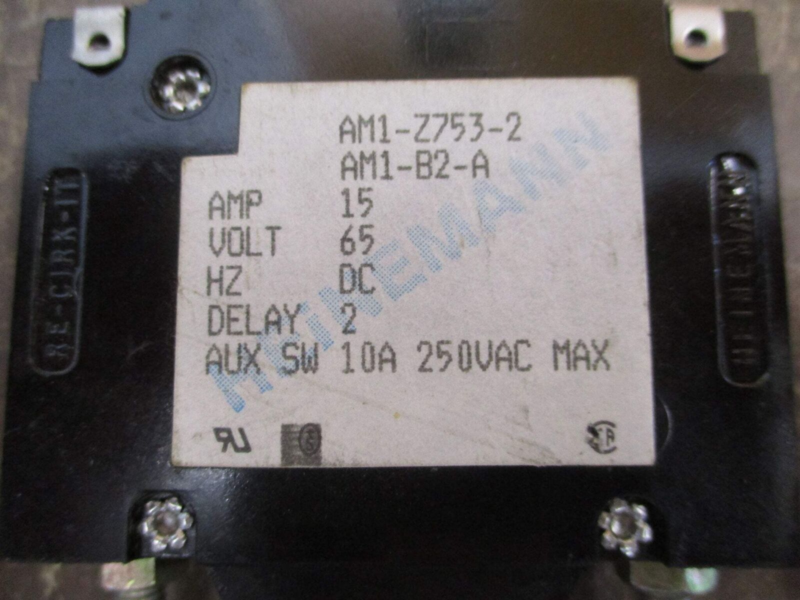 Heinemann DC Circuit Breaker AM1-Z753-2 AM1-B2-A 15A 65VDC 1P Used