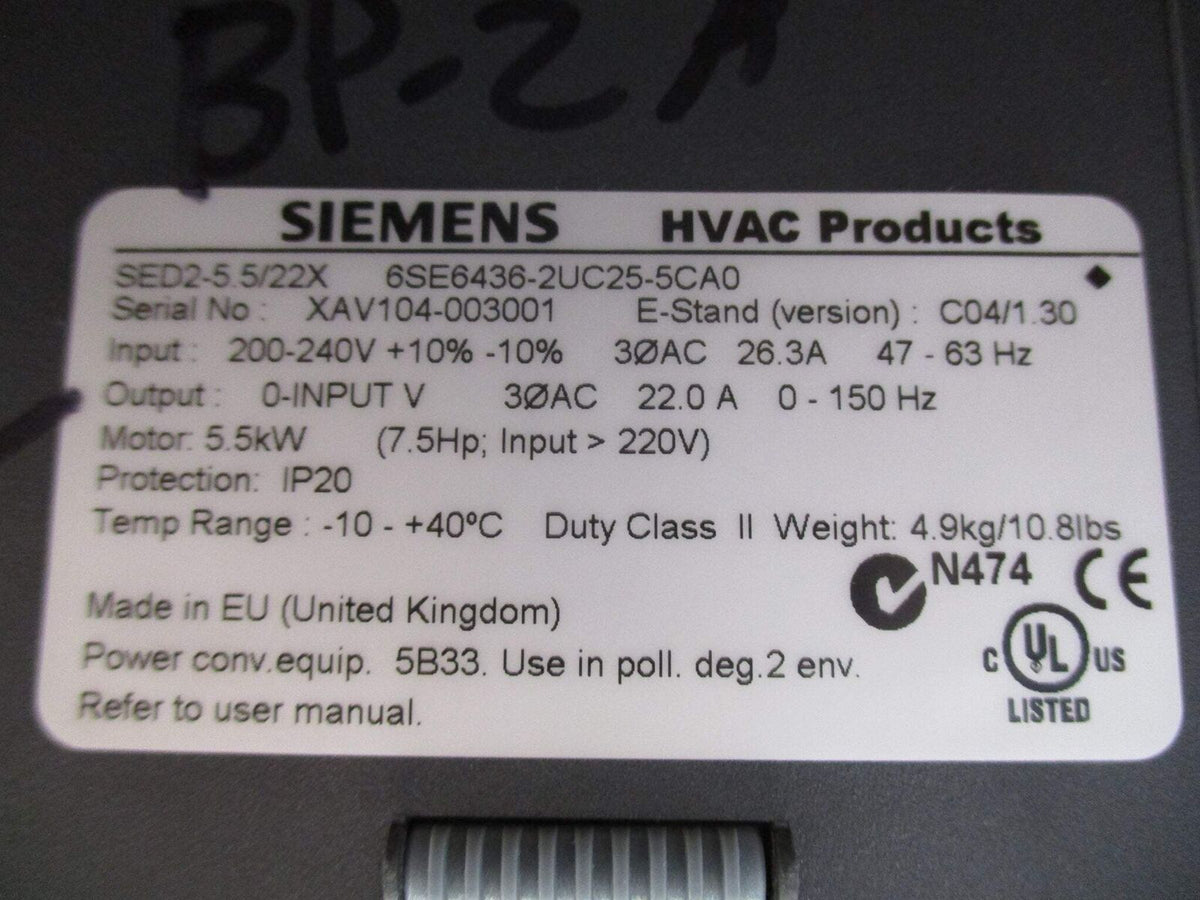 Siemens SED2-5.5/22X AC Drive 6SE6436-2UC25-5CA0 7.5HP 3Ph w/ Keypad Used