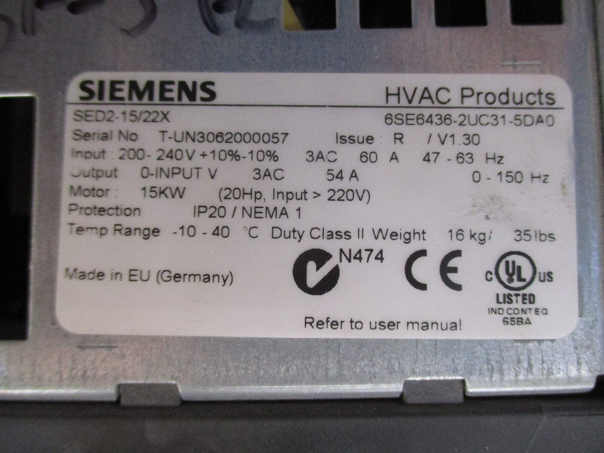Siemens SED2-15/22X AC Drive 6SE6436-2UC31-5DA0 20HP 3Ph w/ Keypad Used