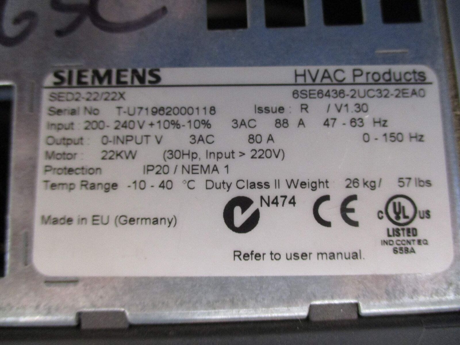 Siemens SED2-22/22X AC Drive 6SE6436-2UC32-2EA0 30HP 3Ph w/ Keypad Used