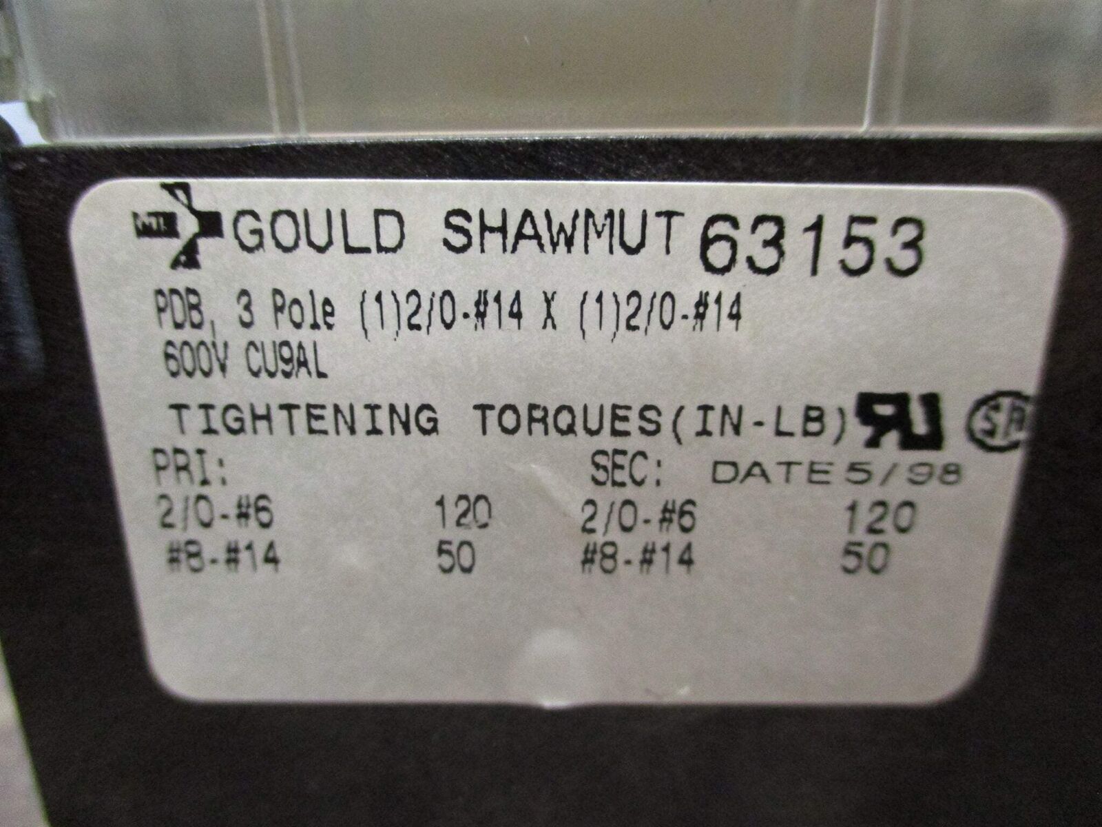 Gould Shawmut Power Distribution Block 63153 3P 600V Used