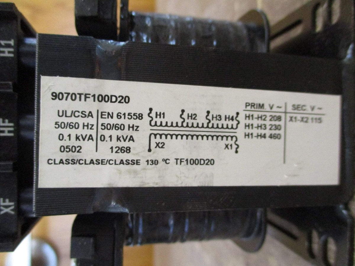 Square D Transformer 9070TF100D20 0.100KVA Pri: 208/230/460V Sec: 115V 50/60Hz
