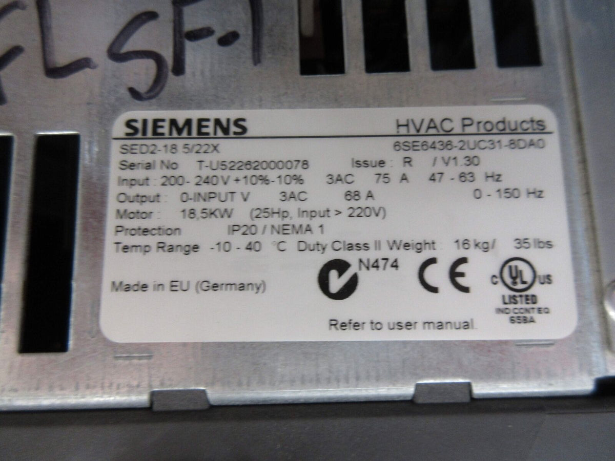 Siemens SED2-18 5/22X AC Drive 6SE6436-2UC31-8DA0 25HP 3Ph w/ Keypad Used