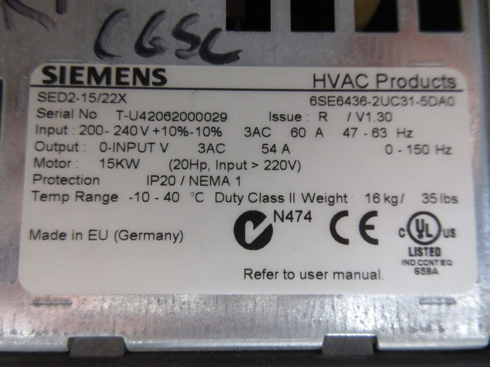 Siemens SED2-15/22X AC Drive 6SE6436-2UC31-5DA0 20HP 3Ph w/ Keypad *No Cover*