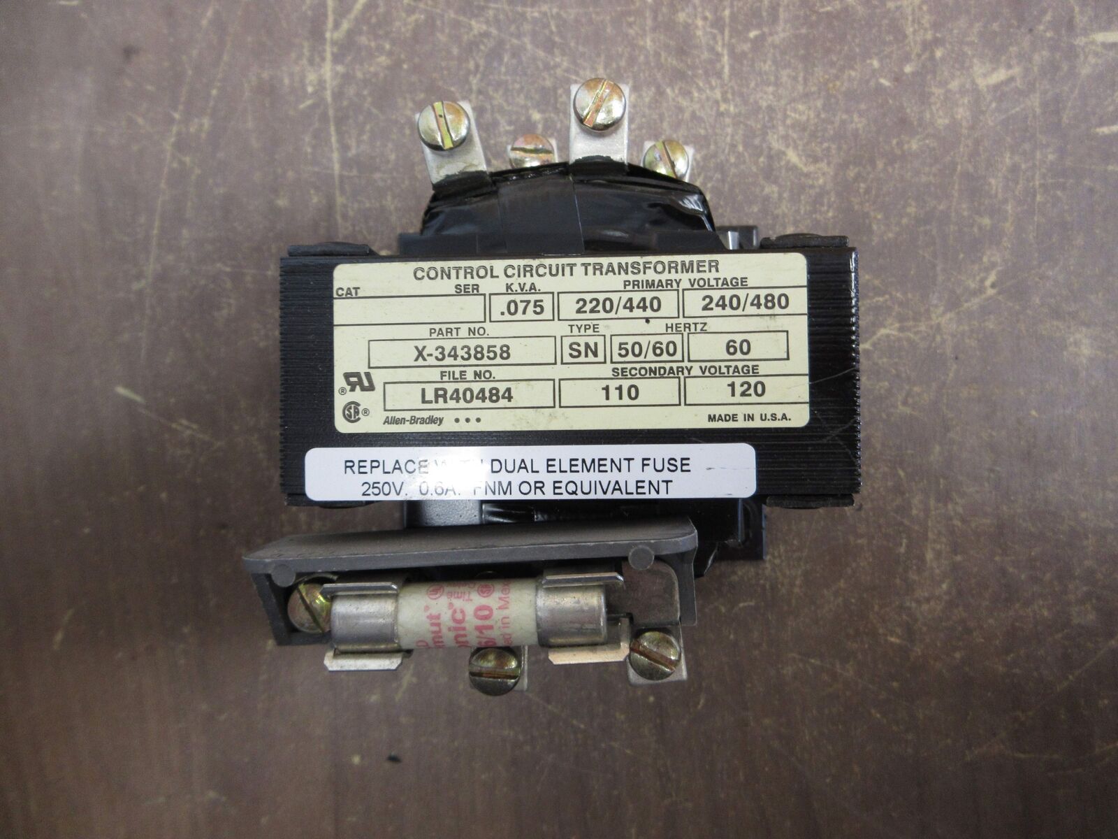 Allen-Bradley Transformer X-343858 0.075KVA Pri: 240/480V Sec: 120V Used