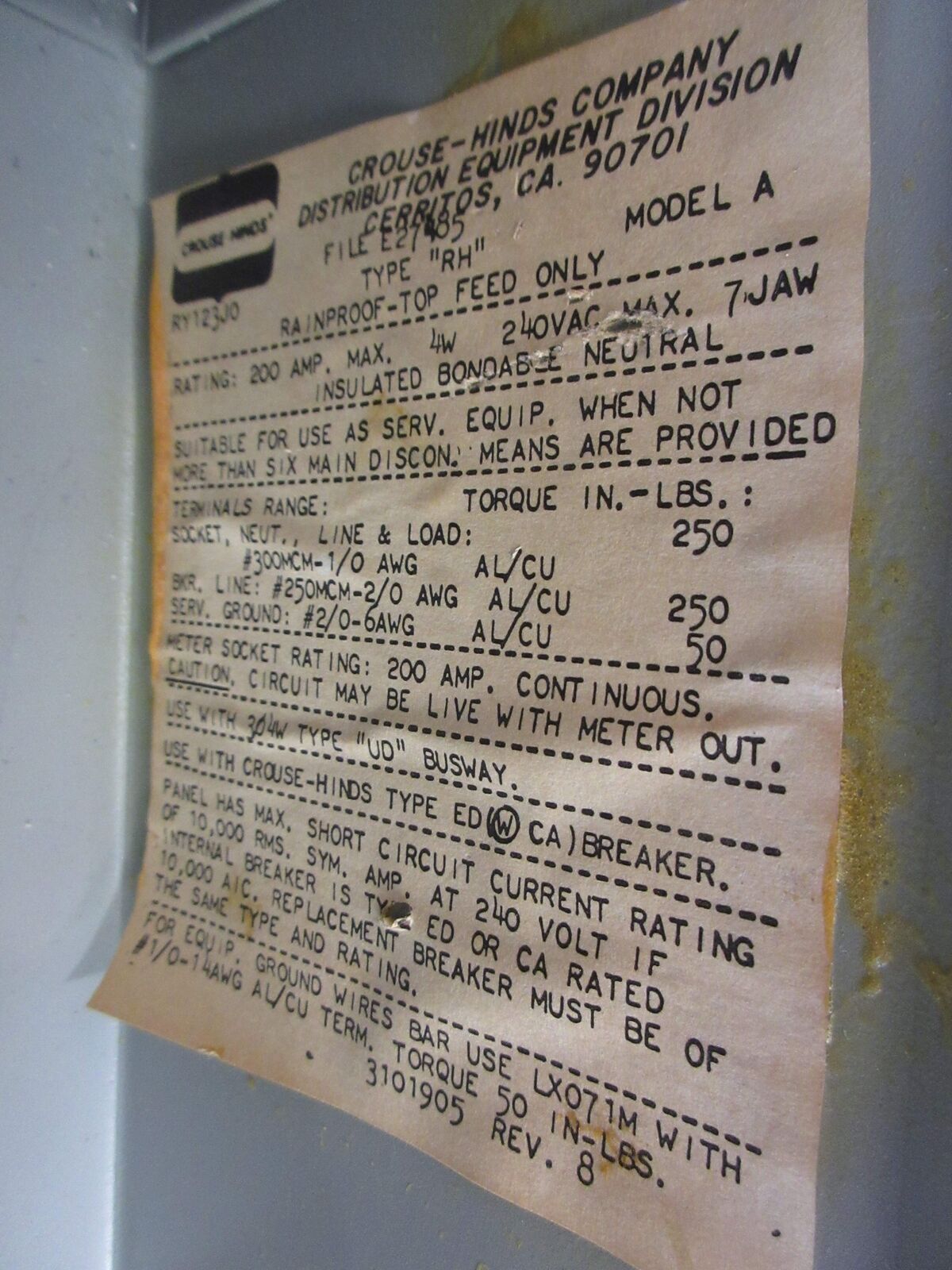 Crouse-Hinds Type RH Meter Main RY123J0 200A 240V 4W 3Ph 200A Breaker Used