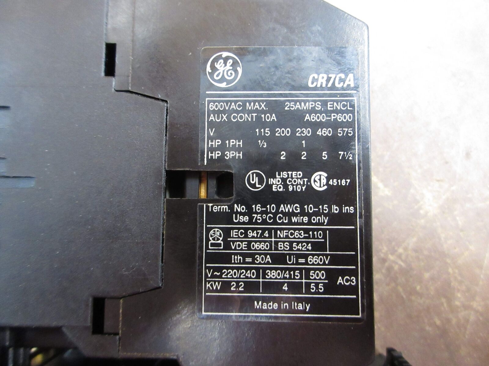 GE Starter CR7CA CR7G1WC 24V Coil Trip: 0.40-0.63A Used