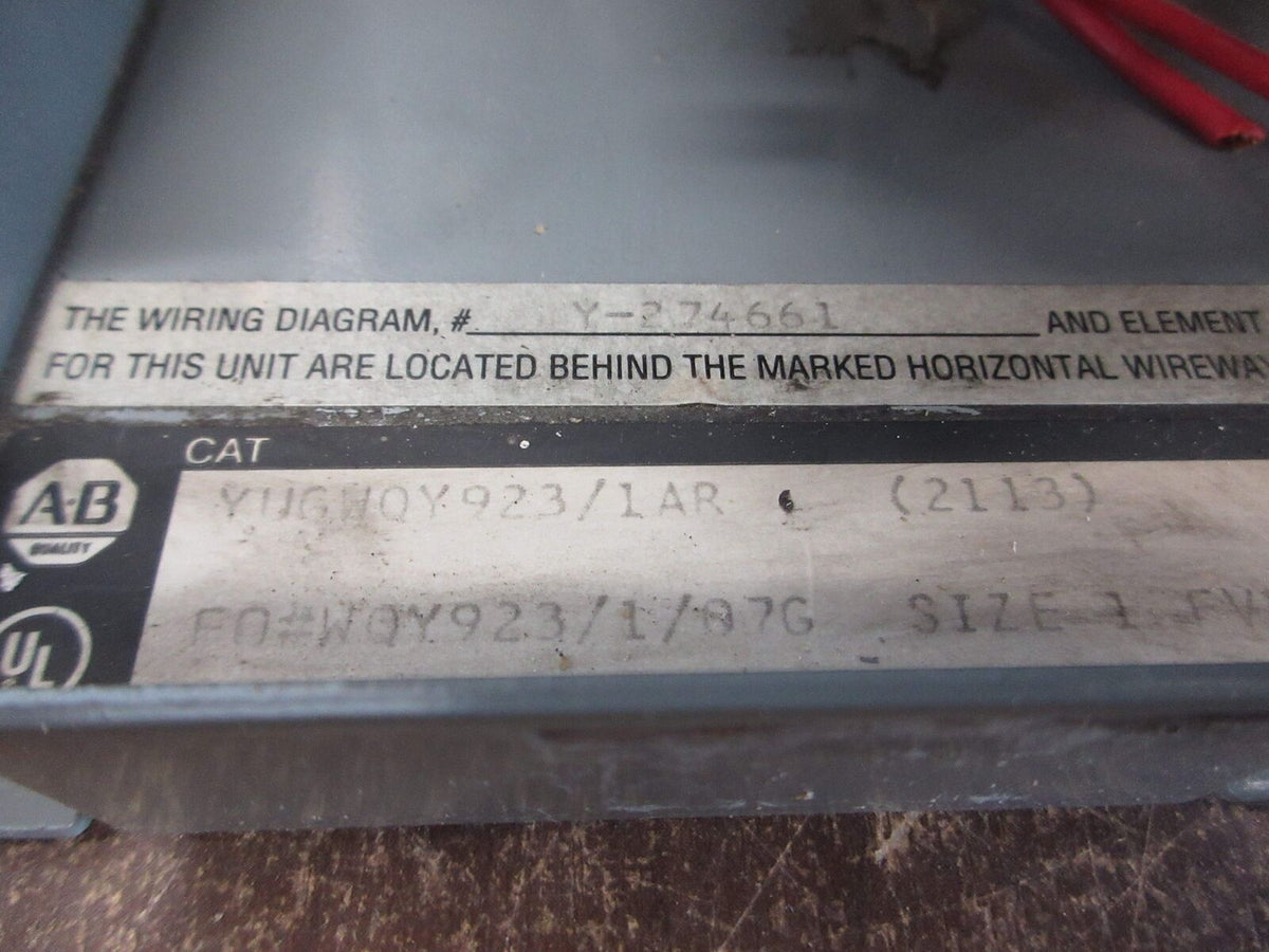 Allen-Bradley Size 1 MCC Bucket YUGWQY923/1AR 480V 3Ph 60Hz 120V Coil w/ Door