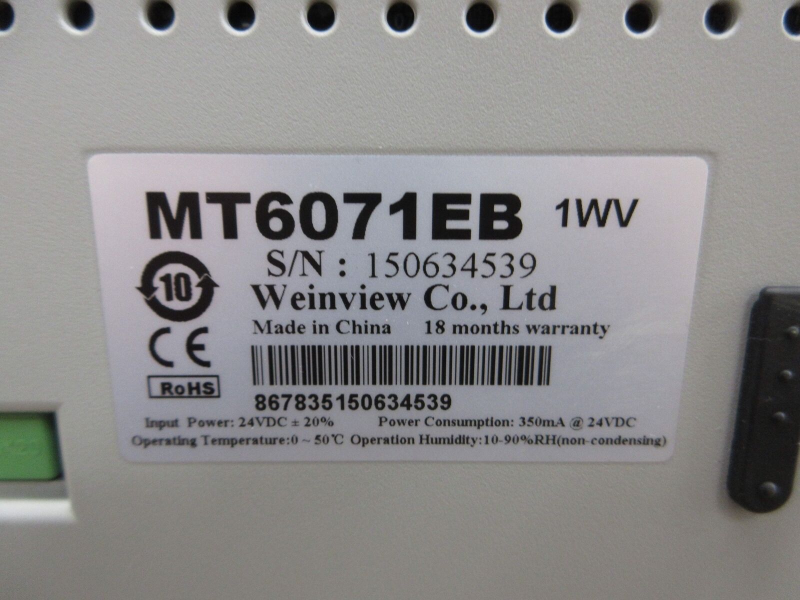 Weinview Touch Screen HMI MT6071EB 24VDC 350mA Used