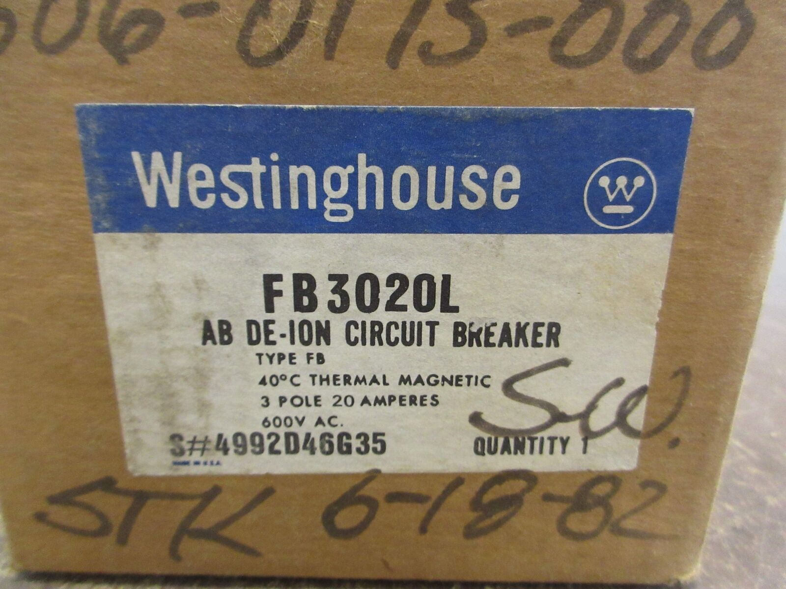 Westinghouse AB De-Ion Circuit Breaker FB3020L 20A 600V 3P New Surplus