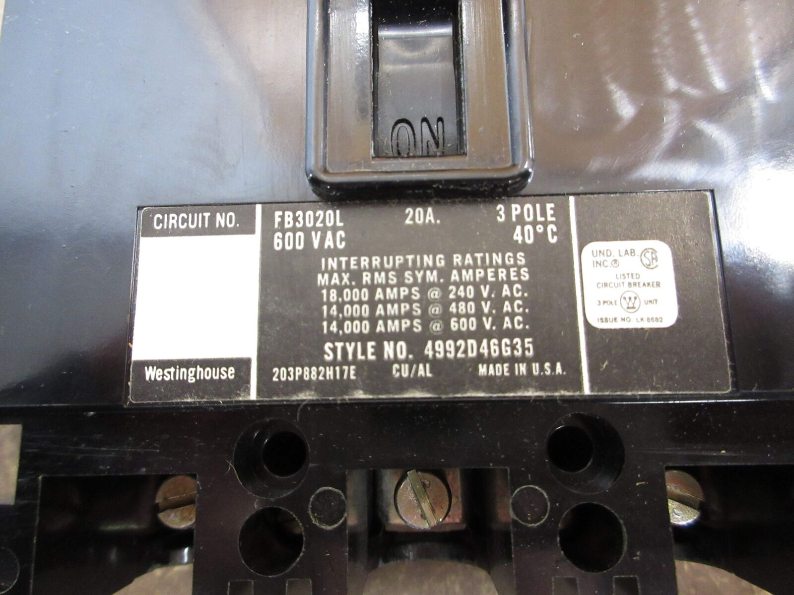 Westinghouse AB De-Ion Circuit Breaker FB3020L 20A 600V 3P New Surplus