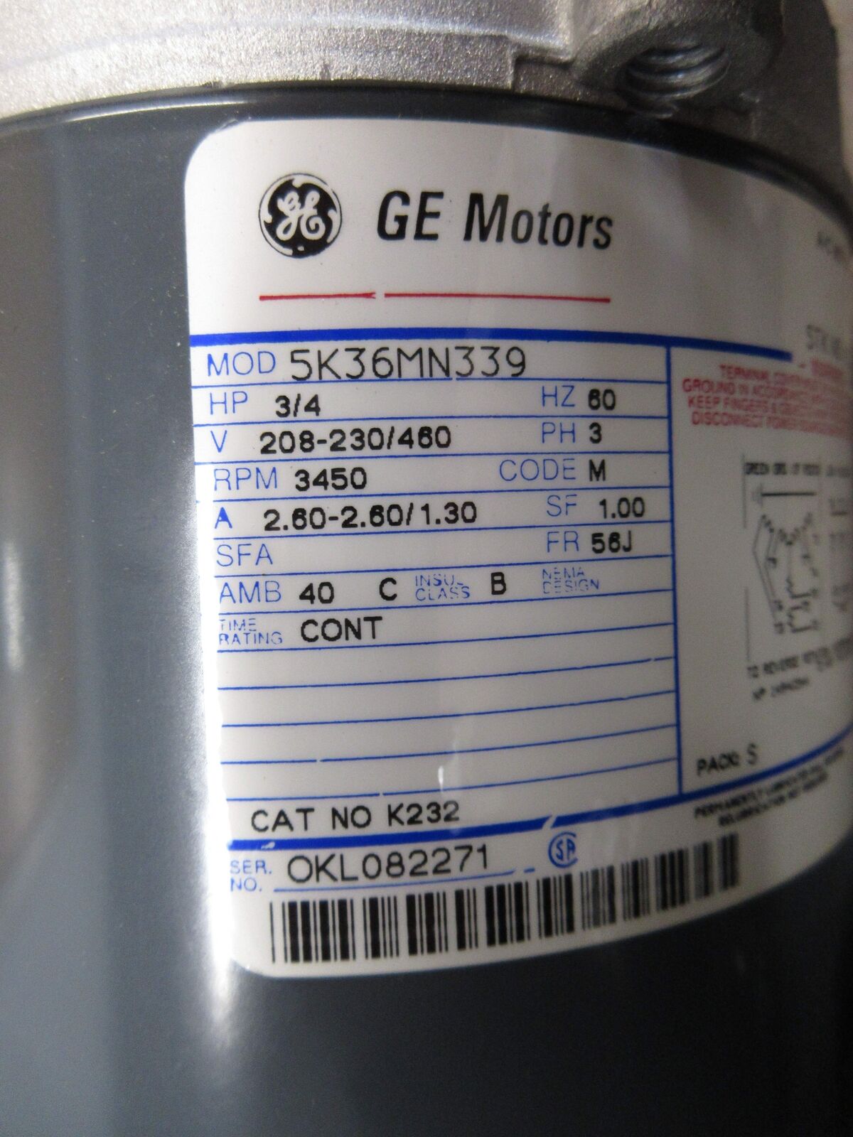 GE Motor 5K36MN339 3/4HP 3600RPM 208-230/460V 2.60/1.30A 60Hz 3Ph New Surplus