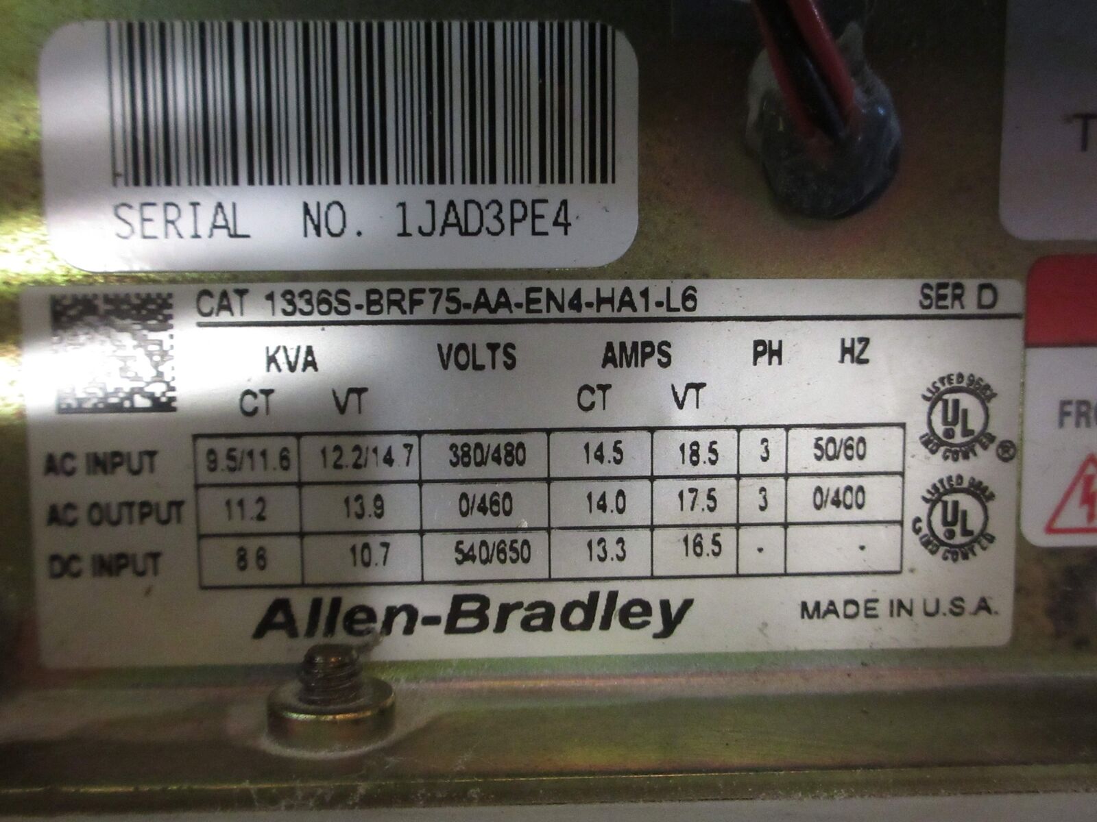 Allen-Bradley 1336 Plus AC Drive 1336S-BRF75-AA-EN4-HA1-L6 7.5HP Used