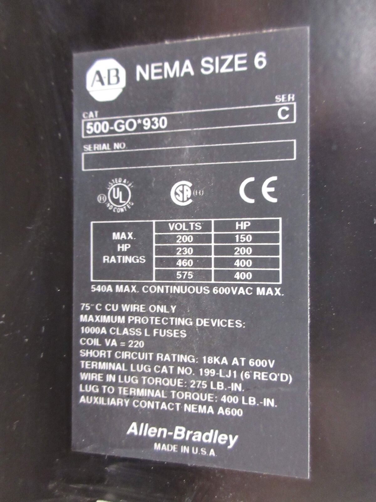 Allen-Bradley Size 6 Contactor 500-GO*930 Ser. C 480V Coil 540A 600V Used