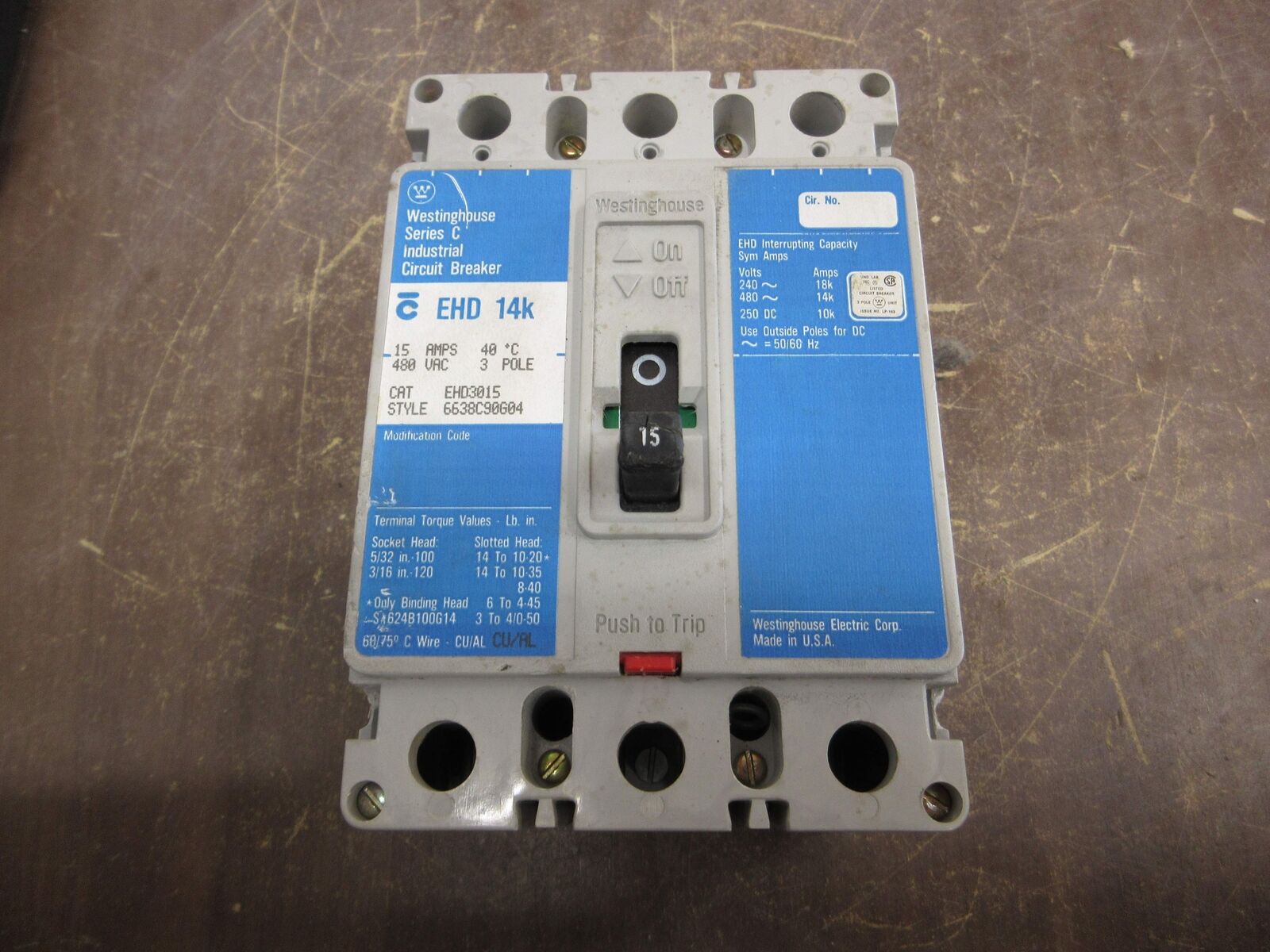 Westinghouse Circuit Breaker EHD3015 15A 480V 3P Used