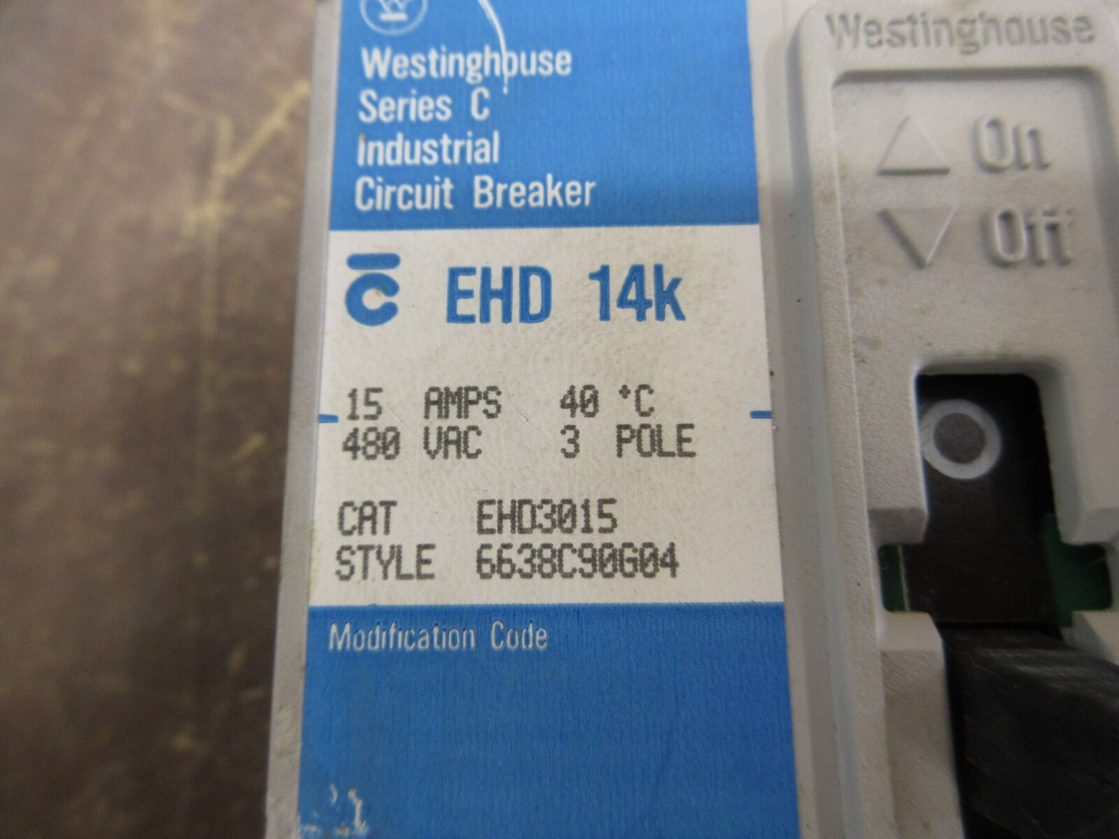 Westinghouse Circuit Breaker EHD3015 15A 480V 3P Used