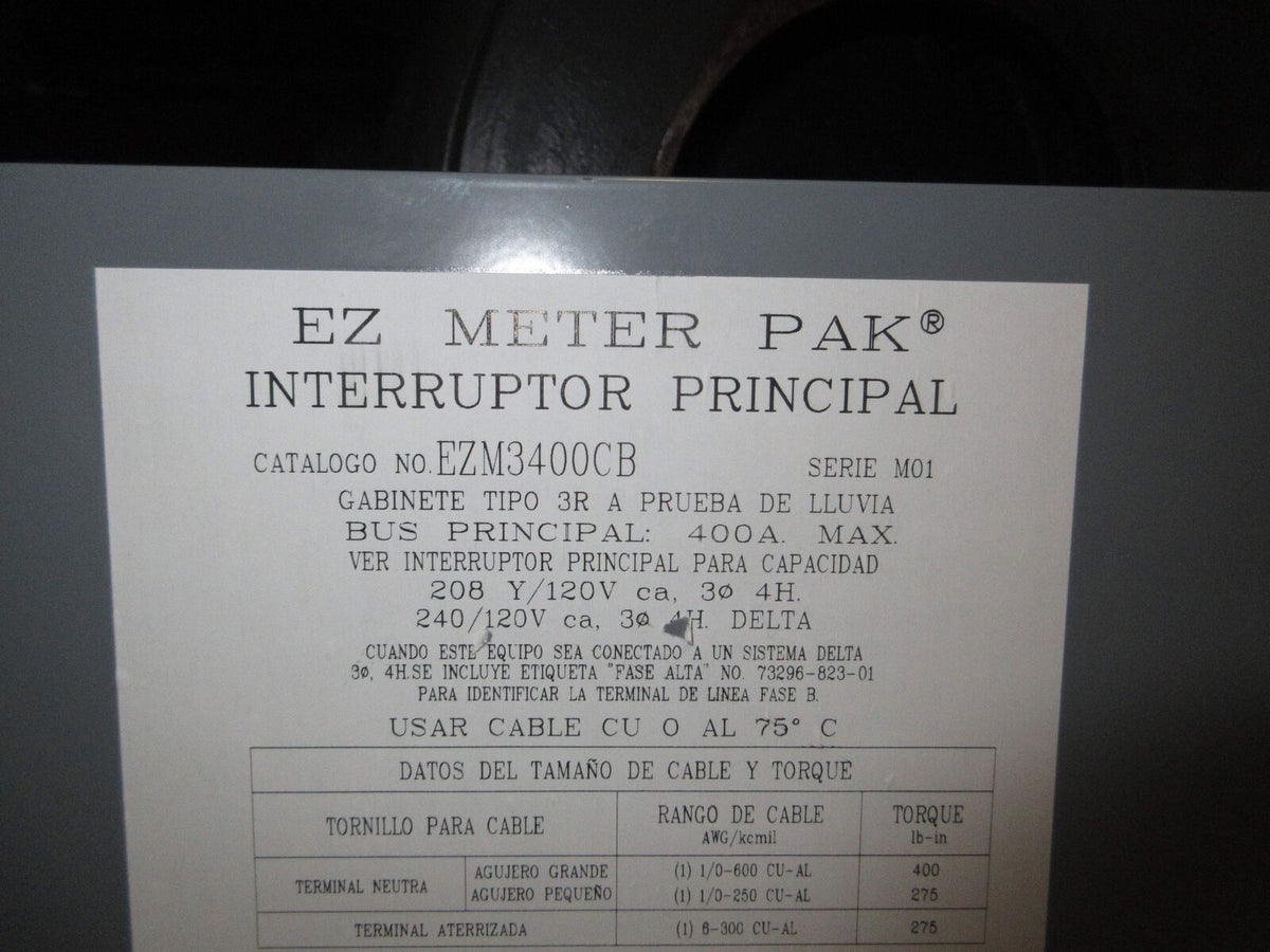 Square D Ez Meter Pak Main Breaker EZM3400CB 400A 208Y/120V 240/120V 3Ph 4W Used