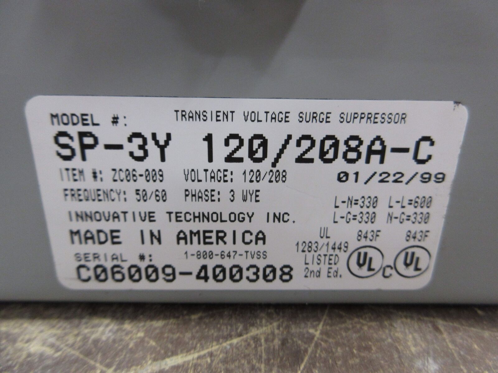 Innovative Technology, Inc. Surge Suppressor SP-3Y 120/208A-C 120/208V 50/60Hz