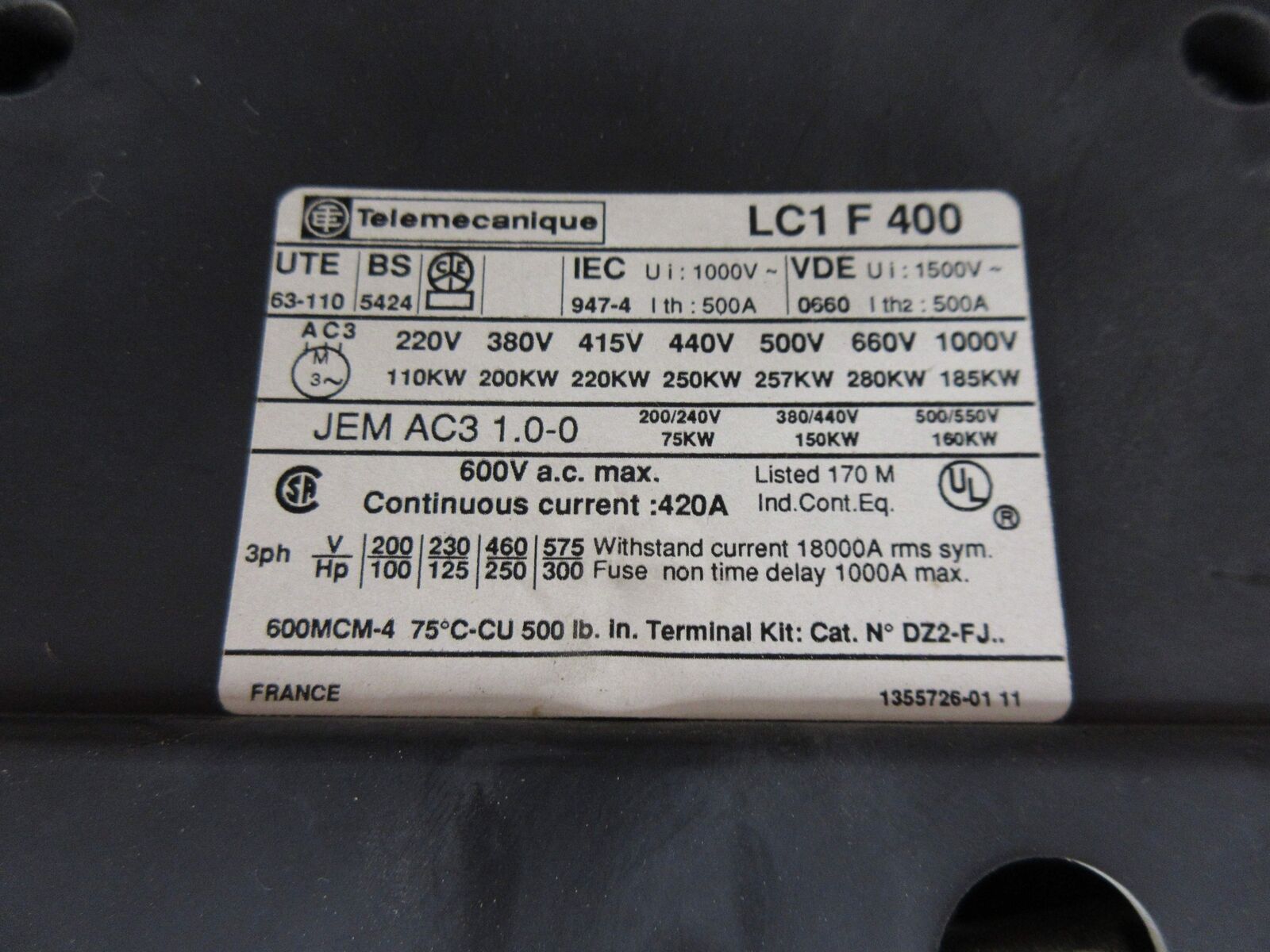 Telemecanique Contactor LC1 F 400 120V Coil 420A 600V Used