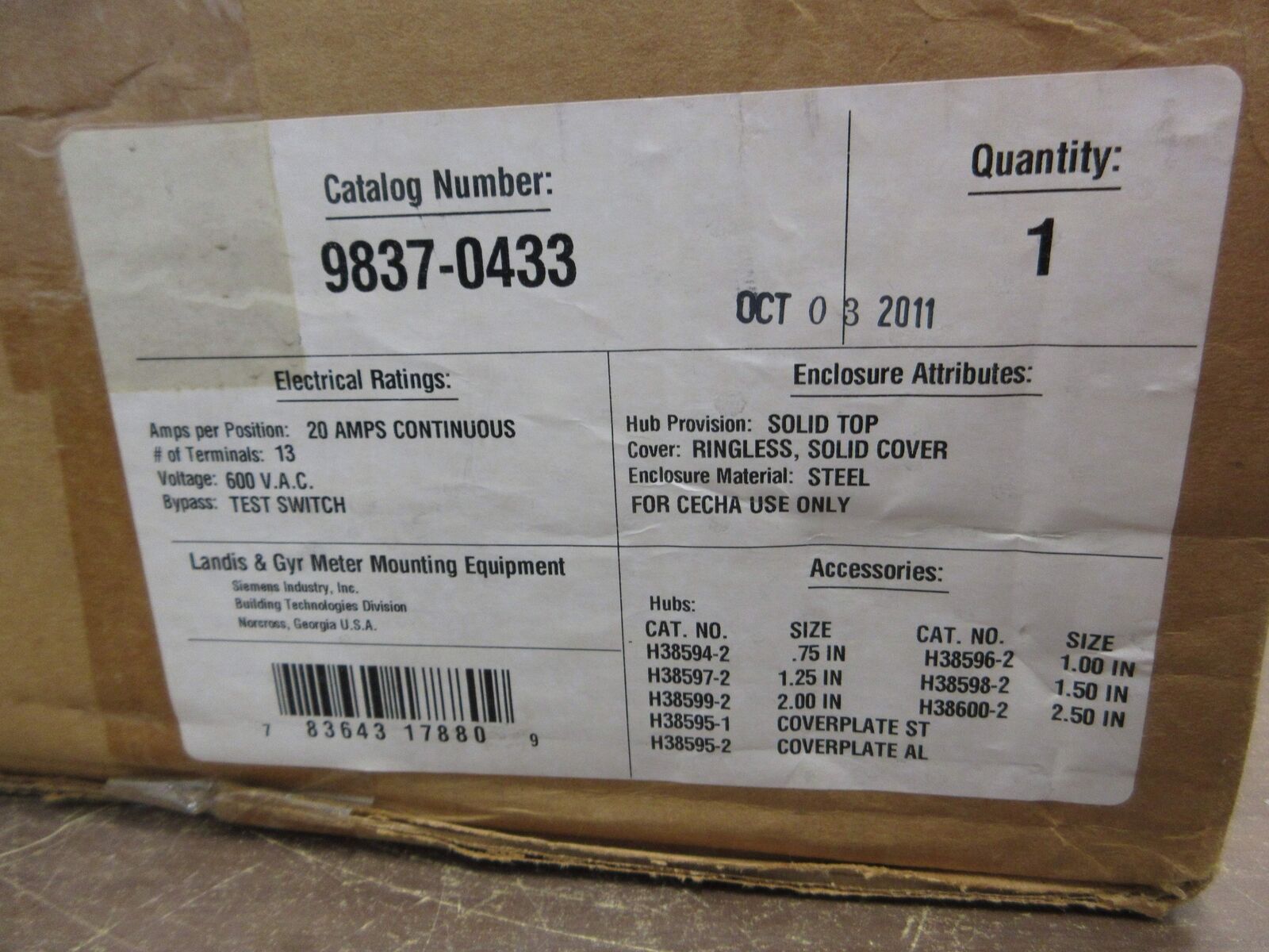 Siemens Landis & Gyr Meter Socket 9837-0433 20A 600V New Surplus