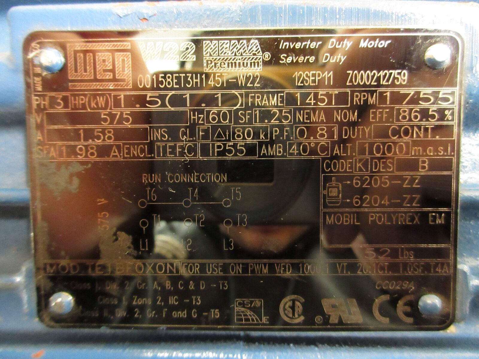 WEG Motor 00158ET3H145T-W22 1.5HP 1800RPM 575V 1.58A 60Hz 3Ph *Damaged Box*