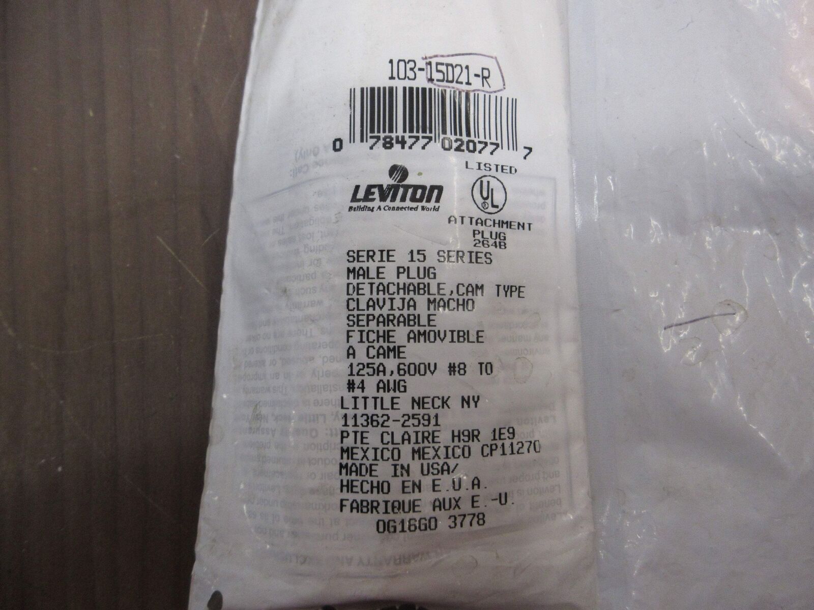 Leviton Male Detachable Plug 103-15D21-R 125A 600V New Surplus