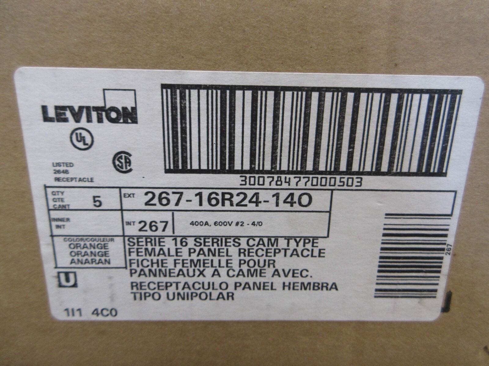 Leviton Female Panel Receptacle 267-16R24-140 400A 600V *Box of 5* New Surplus