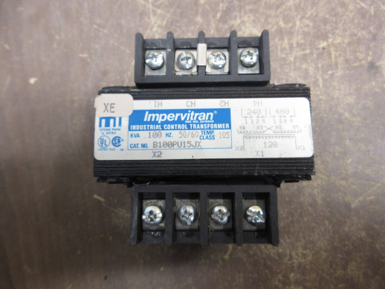 Micron Impervitran Control Transformer B100PU15JX 0.100kVA Pri: 240/480V Used