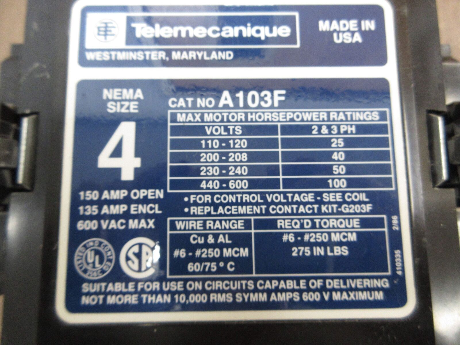 Telemecanique Size 4 Contactor A103F 480V Coil 150A 600V Used