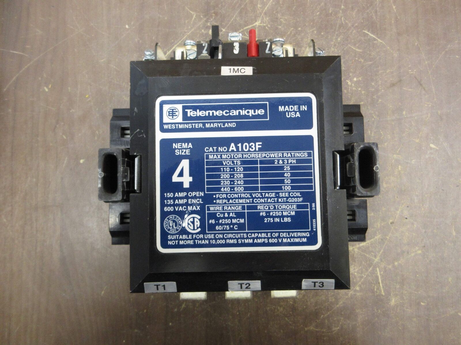 Telemecanique Size 4 Contactor A103F 480V Coil 150A 600V Used