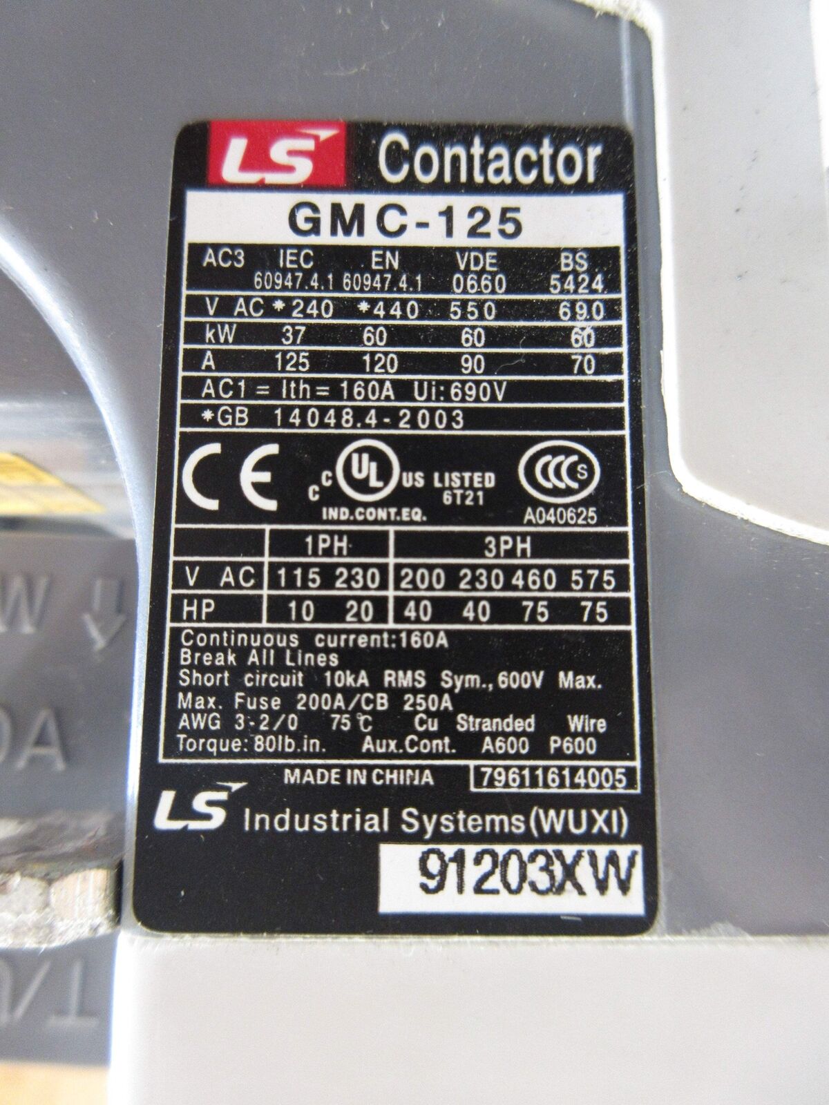 LS MEC Contactor GMC-125 100-240VAC/100-220VDC Coil 160A 600V Used
