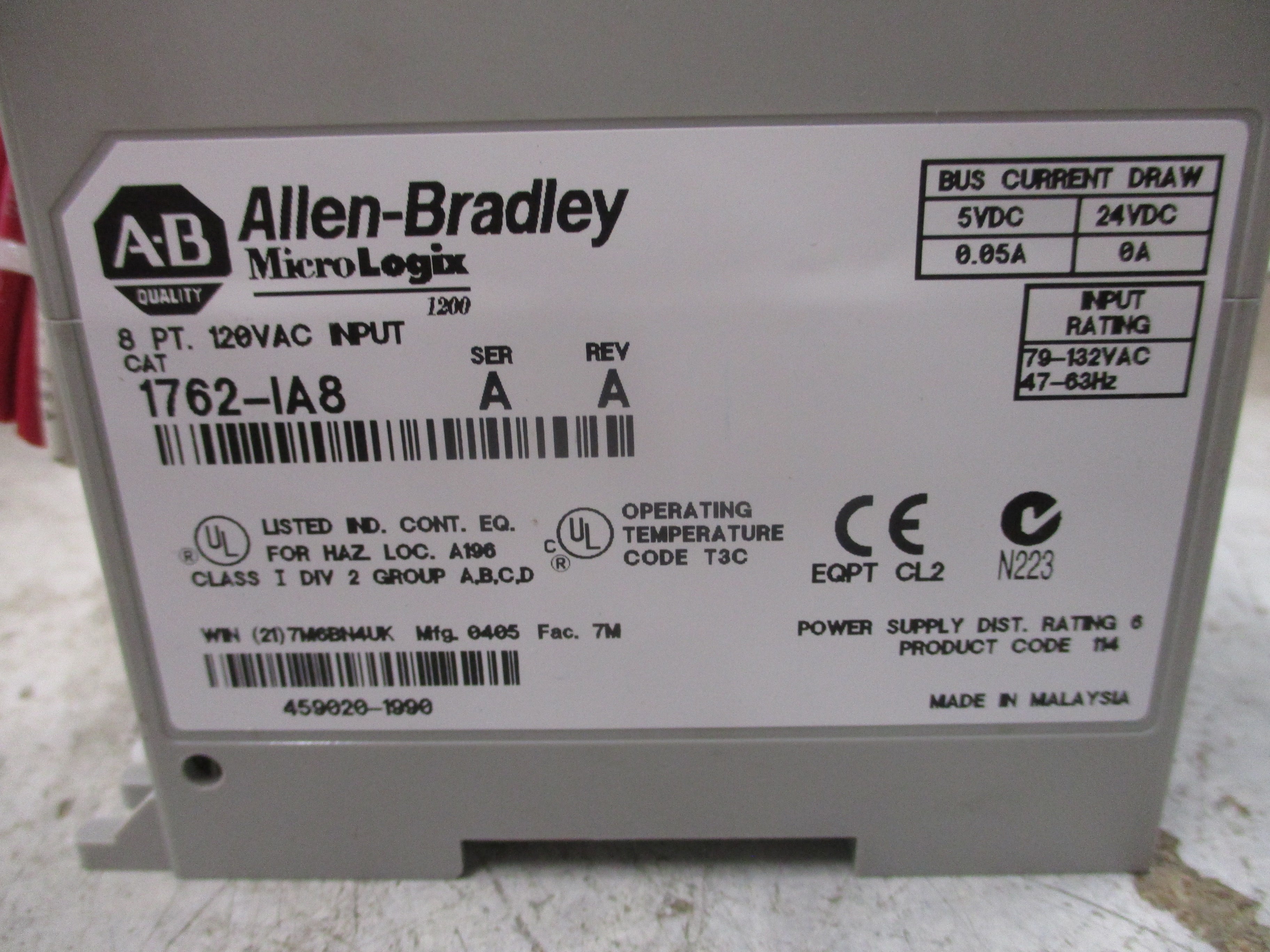 Allen-Bradley MicroLogix 1200 Input Module 1762-IA8 Ser. A Rev. A 8PT 120VAC