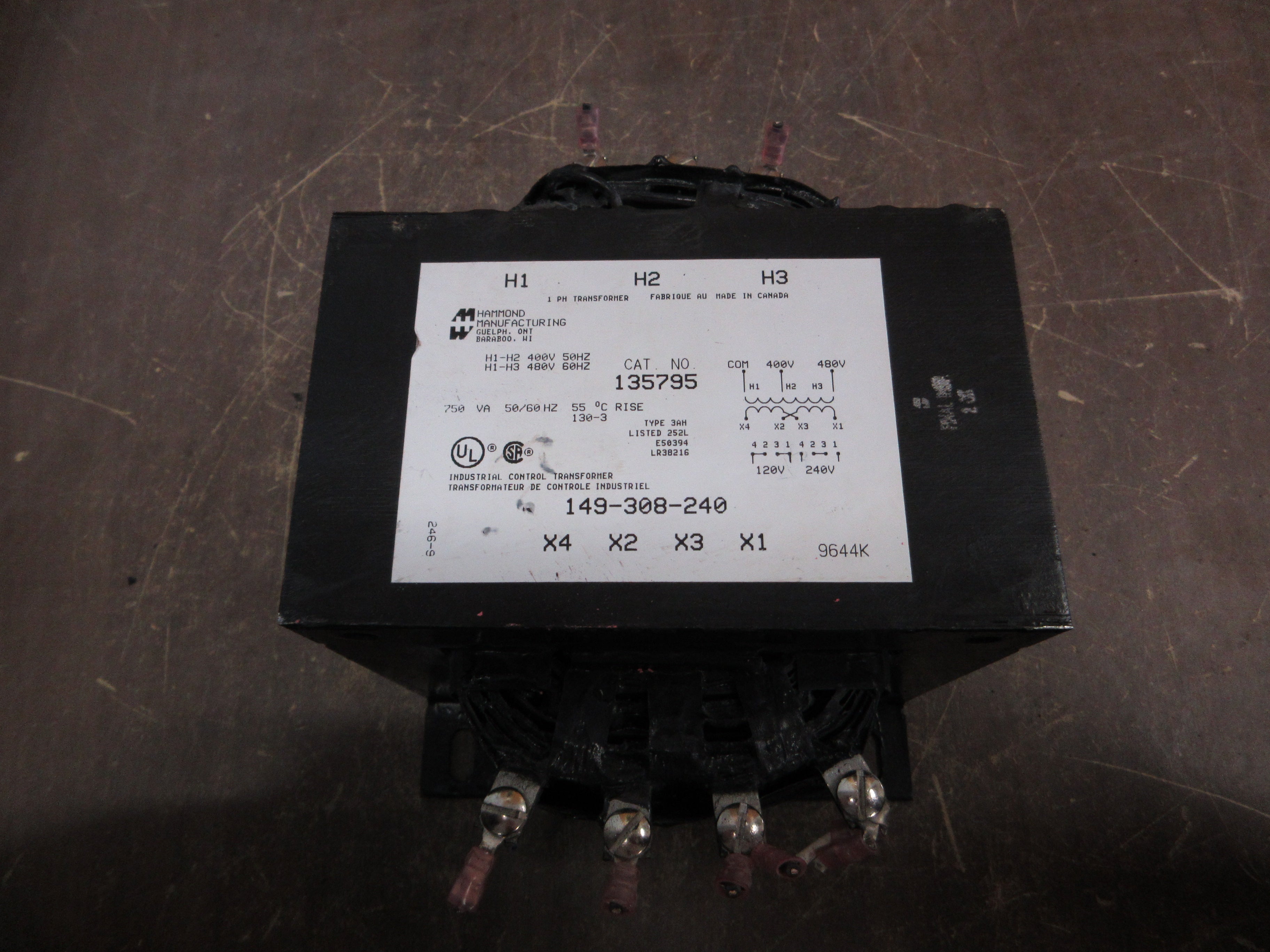 Hammond Transformer 135795 750VA Pri: 400/480V Sec: 120/240V 1Ph Used