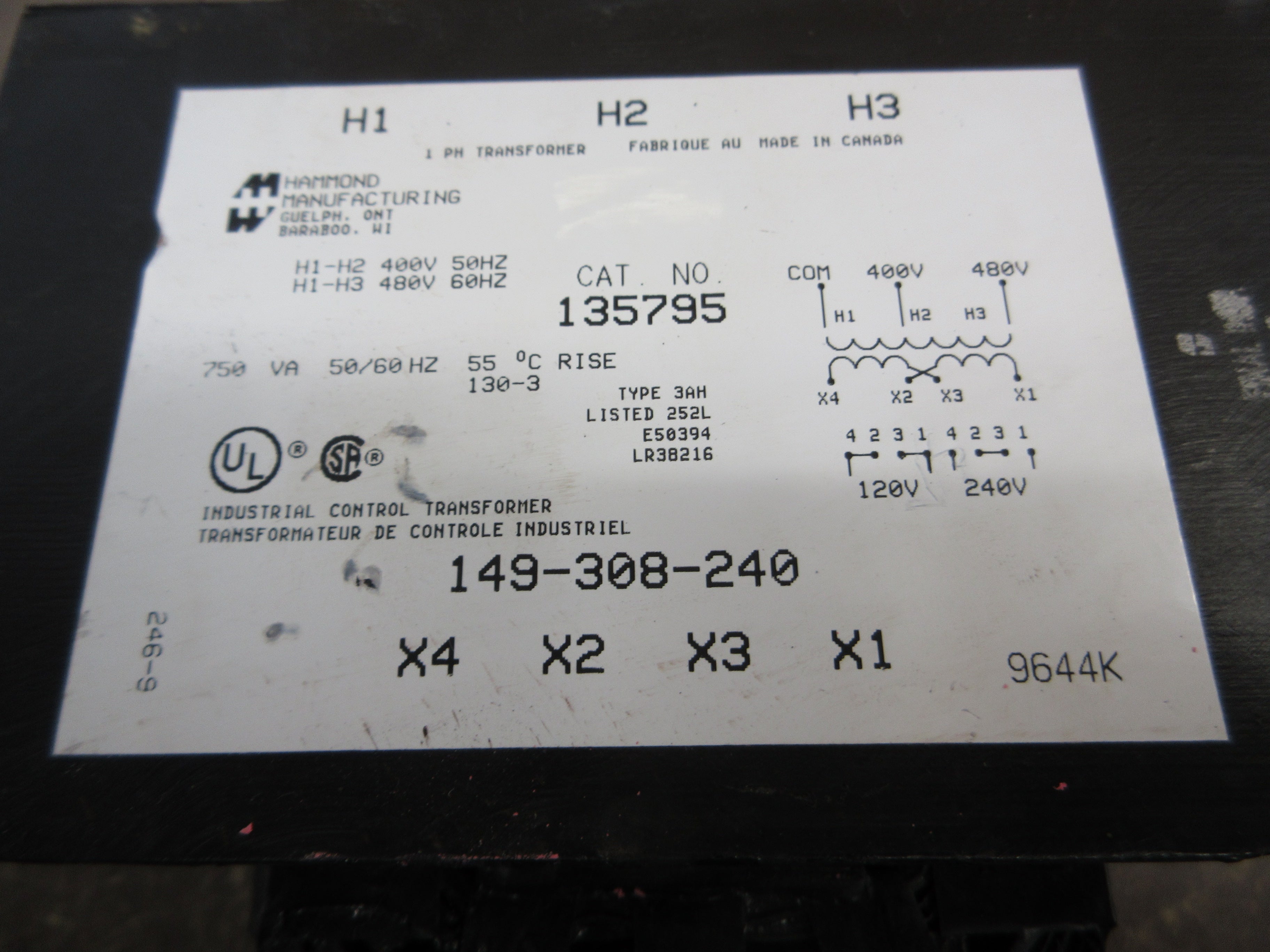 Hammond Transformer 135795 750VA Pri: 400/480V Sec: 120/240V 1Ph Used