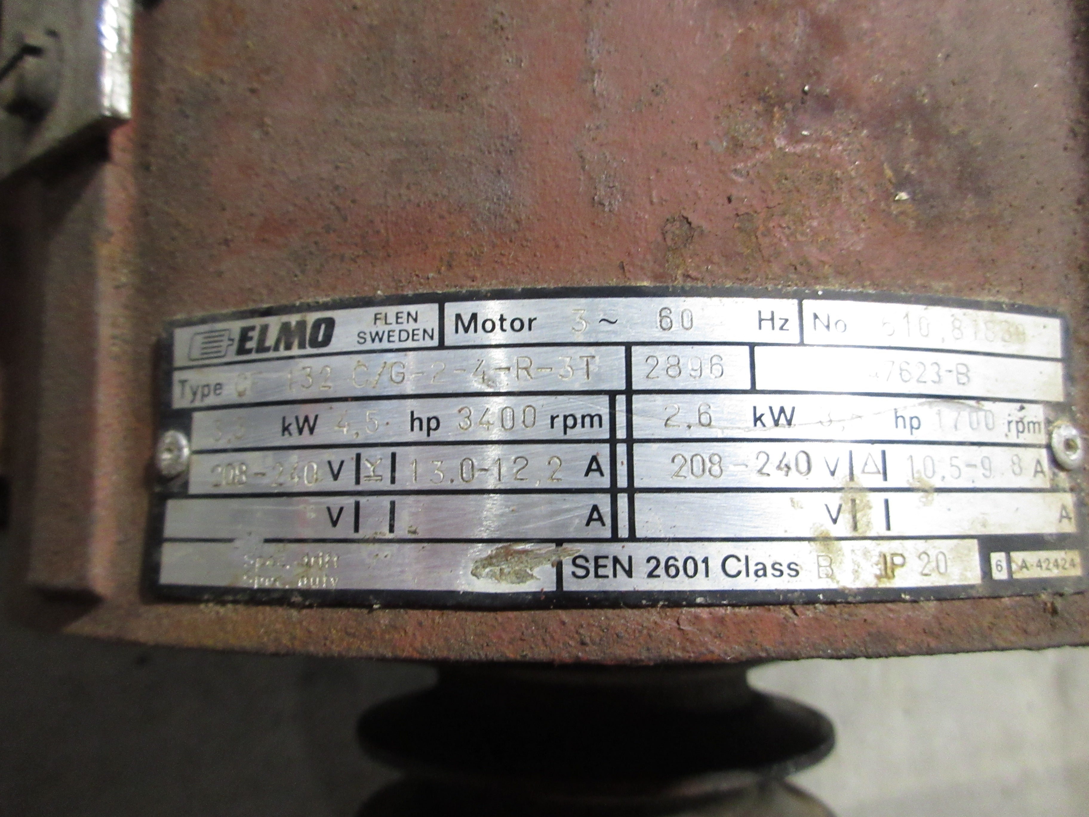 Elmo Drive Motor CF 132 C/G-2-4-R-3T 4.5HP 3600RPM 208-240V 13-12.2A 60Hz 3Ph