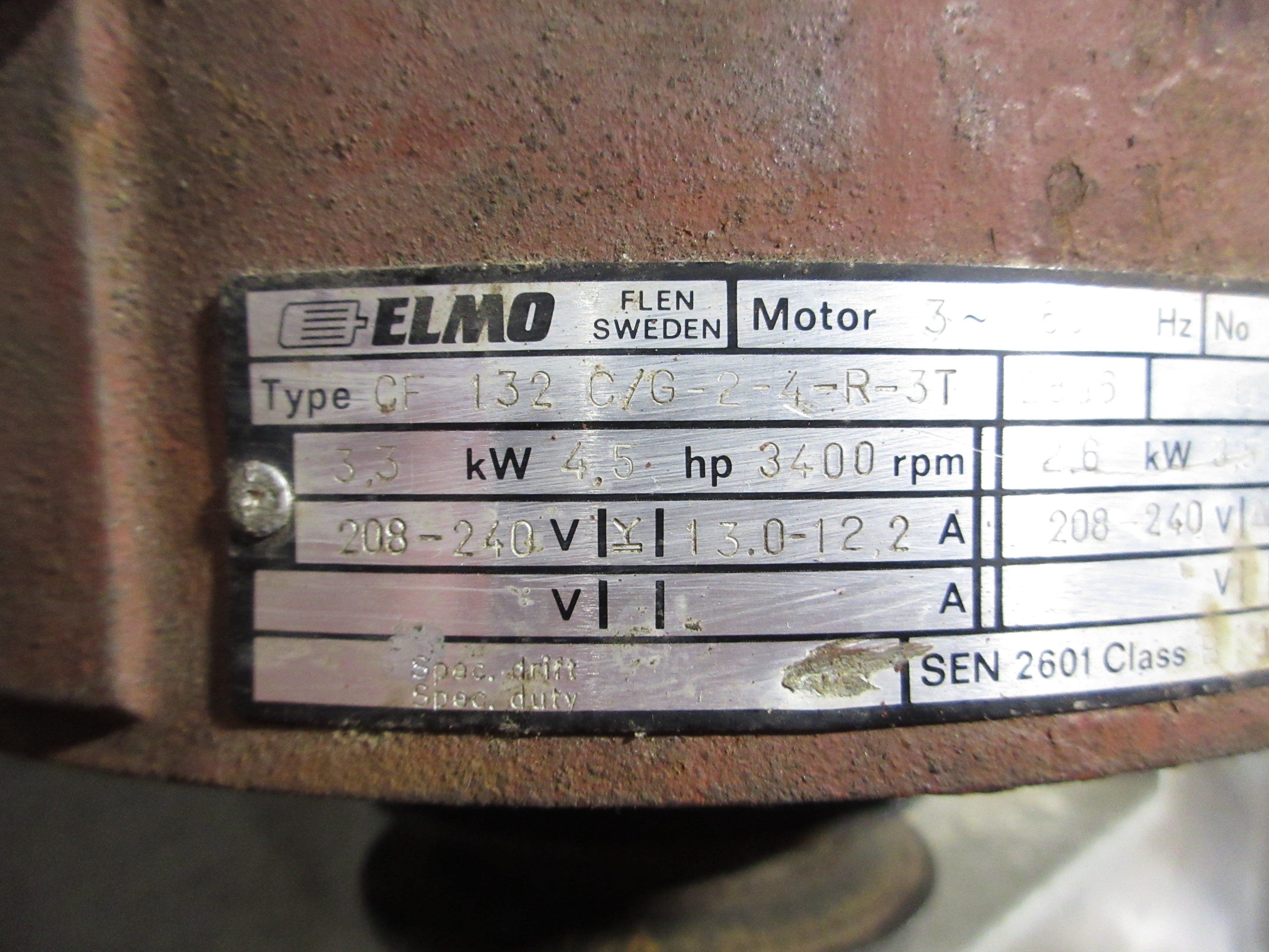 Elmo Drive Motor CF 132 C/G-2-4-R-3T 4.5HP 3600RPM 208-240V 13-12.2A 60Hz 3Ph