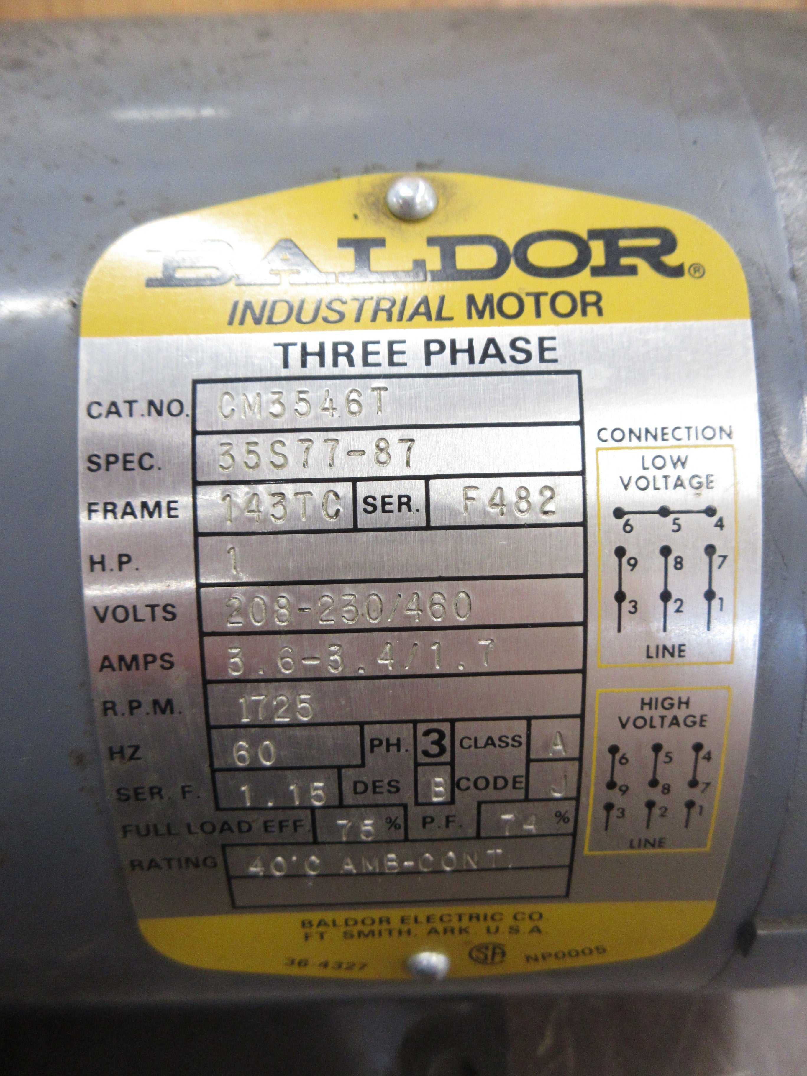 Baldor Motor CM3546T 1HP 1800RPM 208-230/460V 3.6-3.4/1.7A 3Ph 60Hz Used