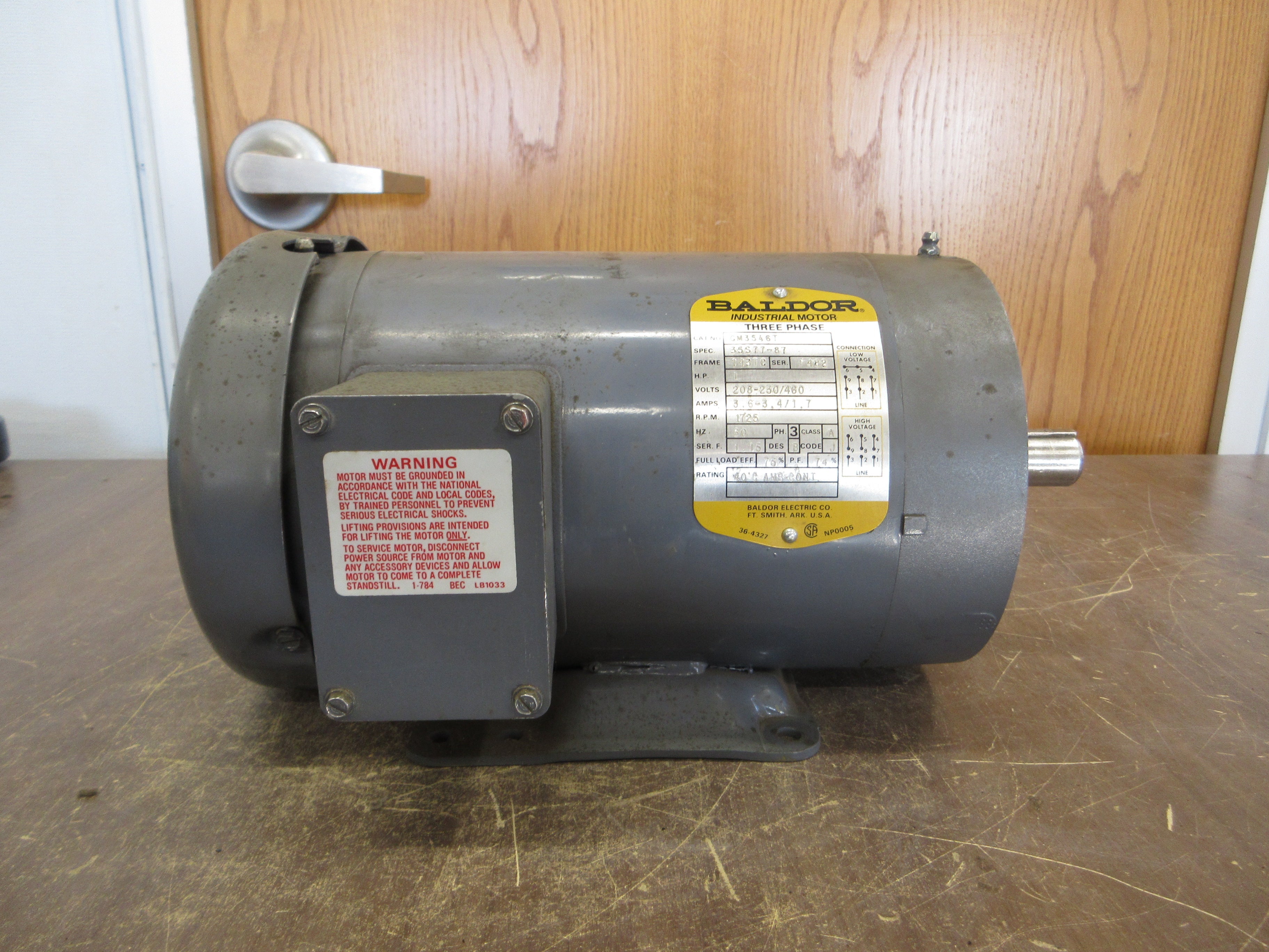 Baldor Motor CM3546T 1HP 1800RPM 208-230/460V 3.6-3.4/1.7A 3Ph 60Hz Used