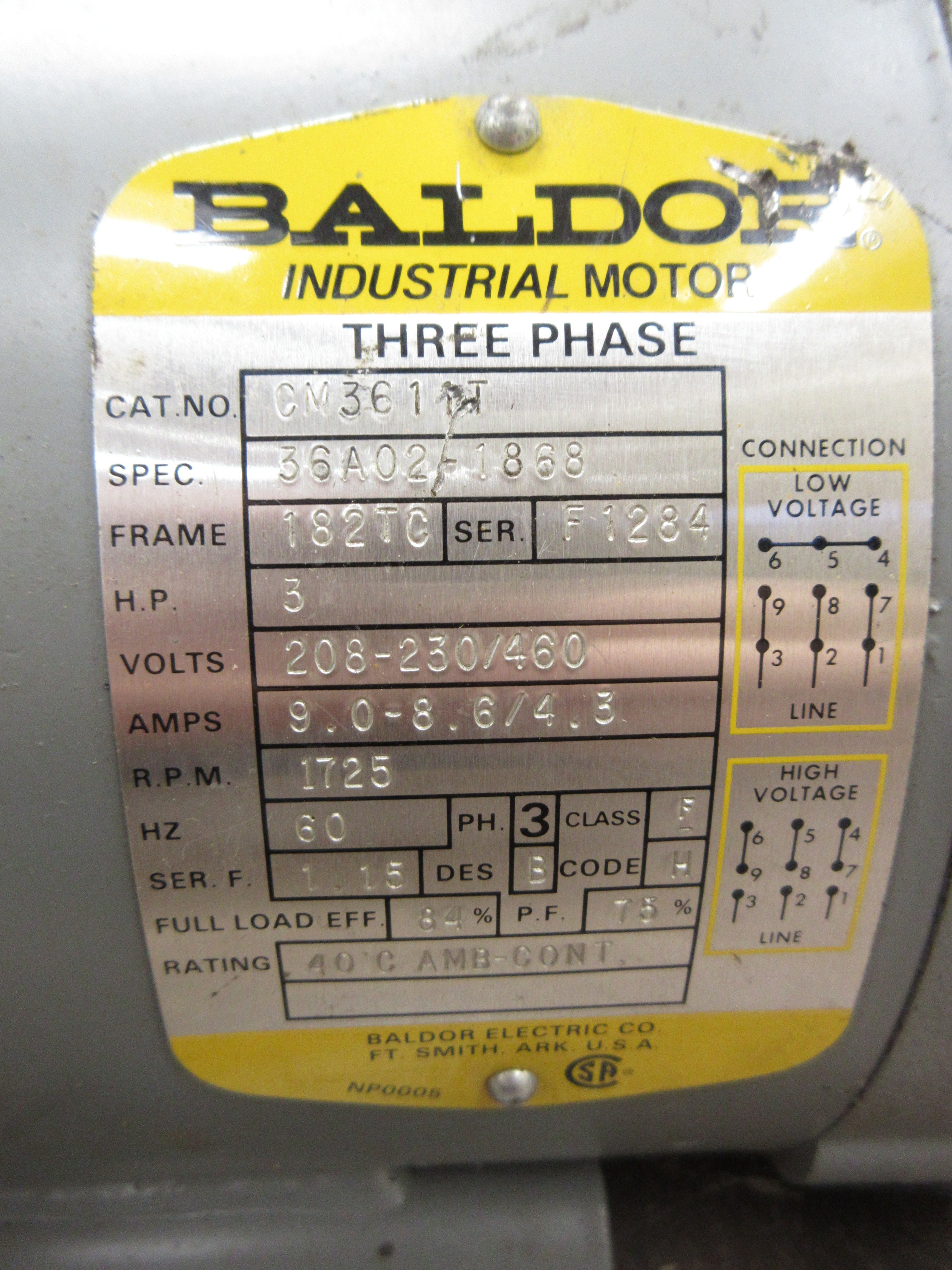 Baldor Motor CM3611T 3HP 1800RPM 208-230/460V 9.0-8.6/4.3A 3Ph 60Hz Frame: 182TC