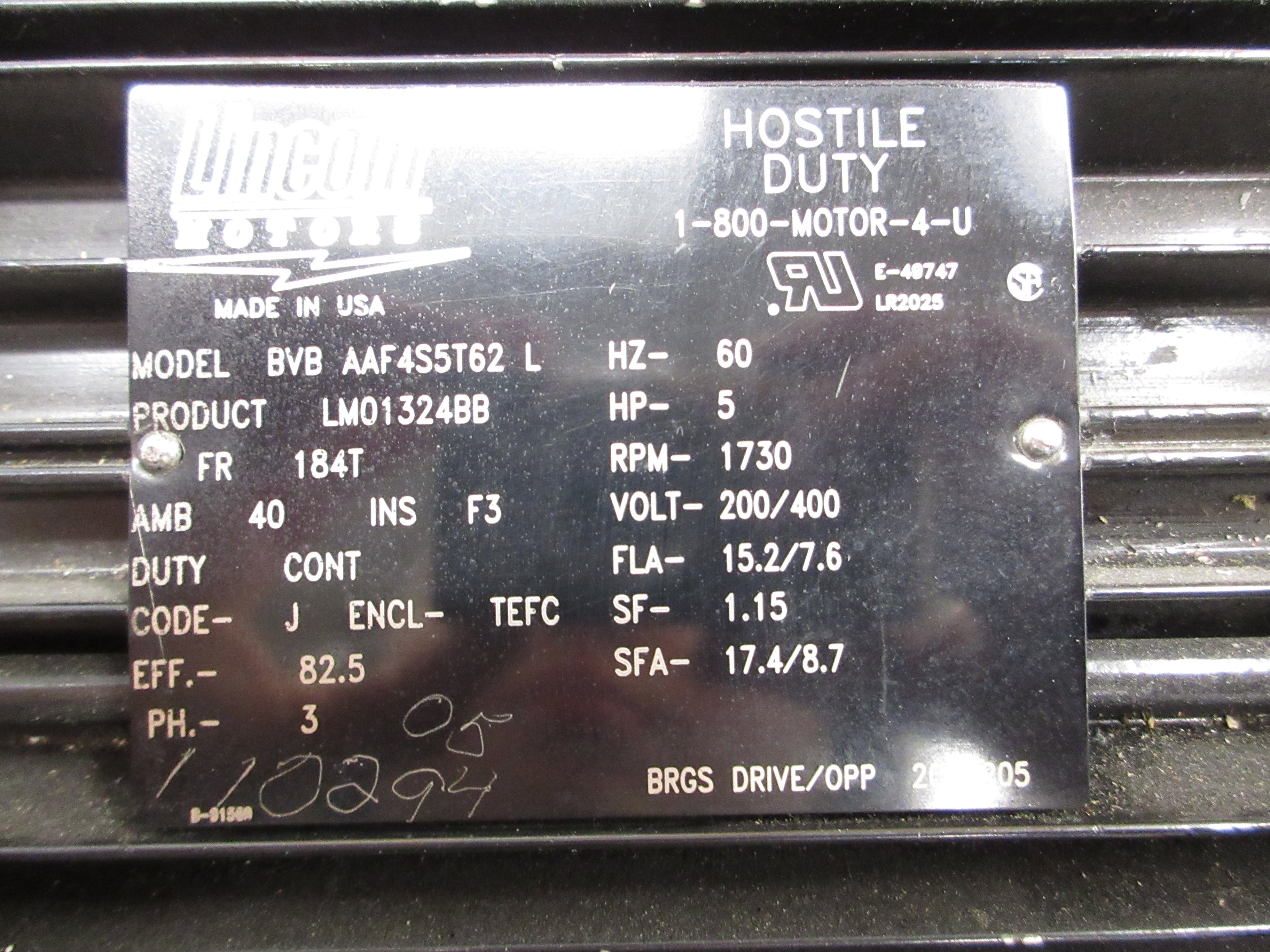 Lincoln Motors Motor BVB AAF4S5T62 L 5HP 1800RPM 200/400V 15.2/7.6A 3Ph 60Hz