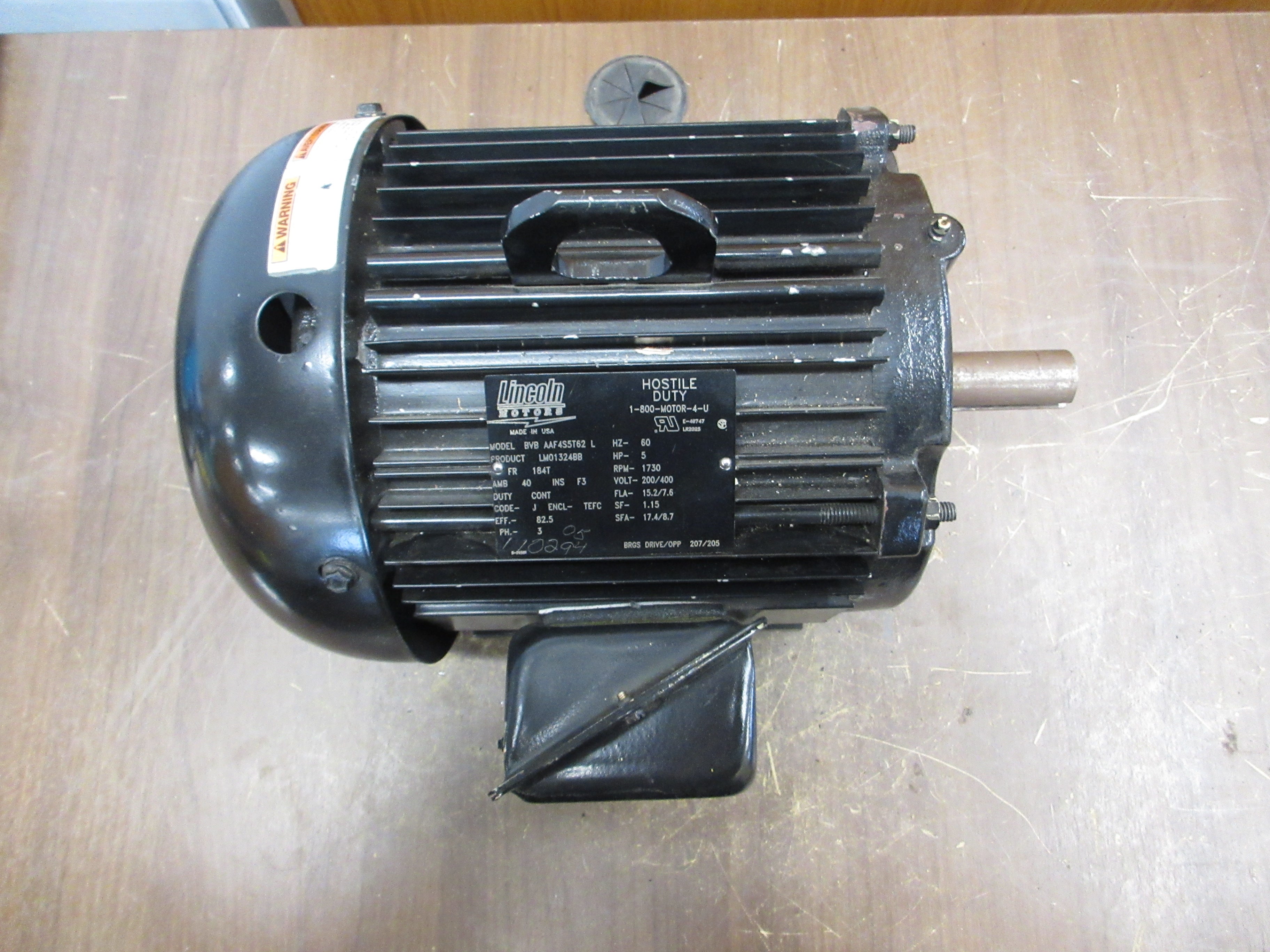 Lincoln Motors Motor BVB AAF4S5T62 L 5HP 1800RPM 200/400V 15.2/7.6A 3Ph 60Hz