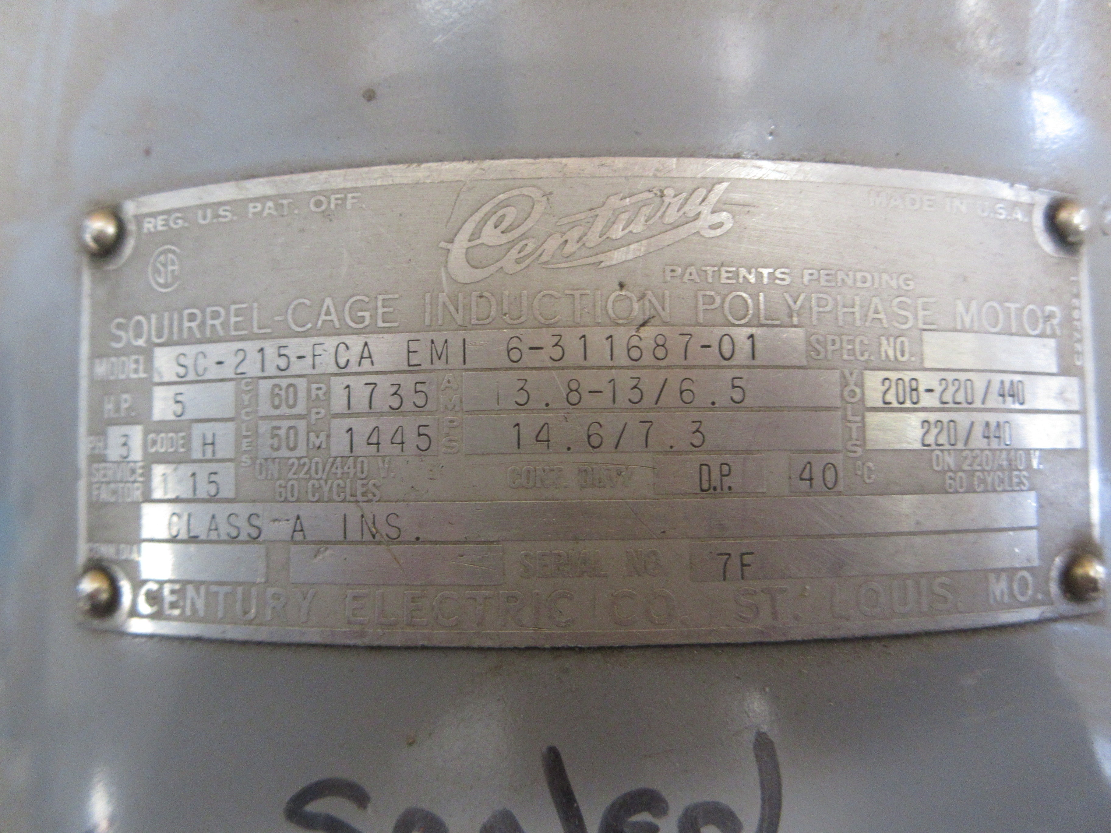Century Induction Motor SC-215-FCA EMI 6-311687-01 5HP 1800RPM 208-220/440V 3Ph