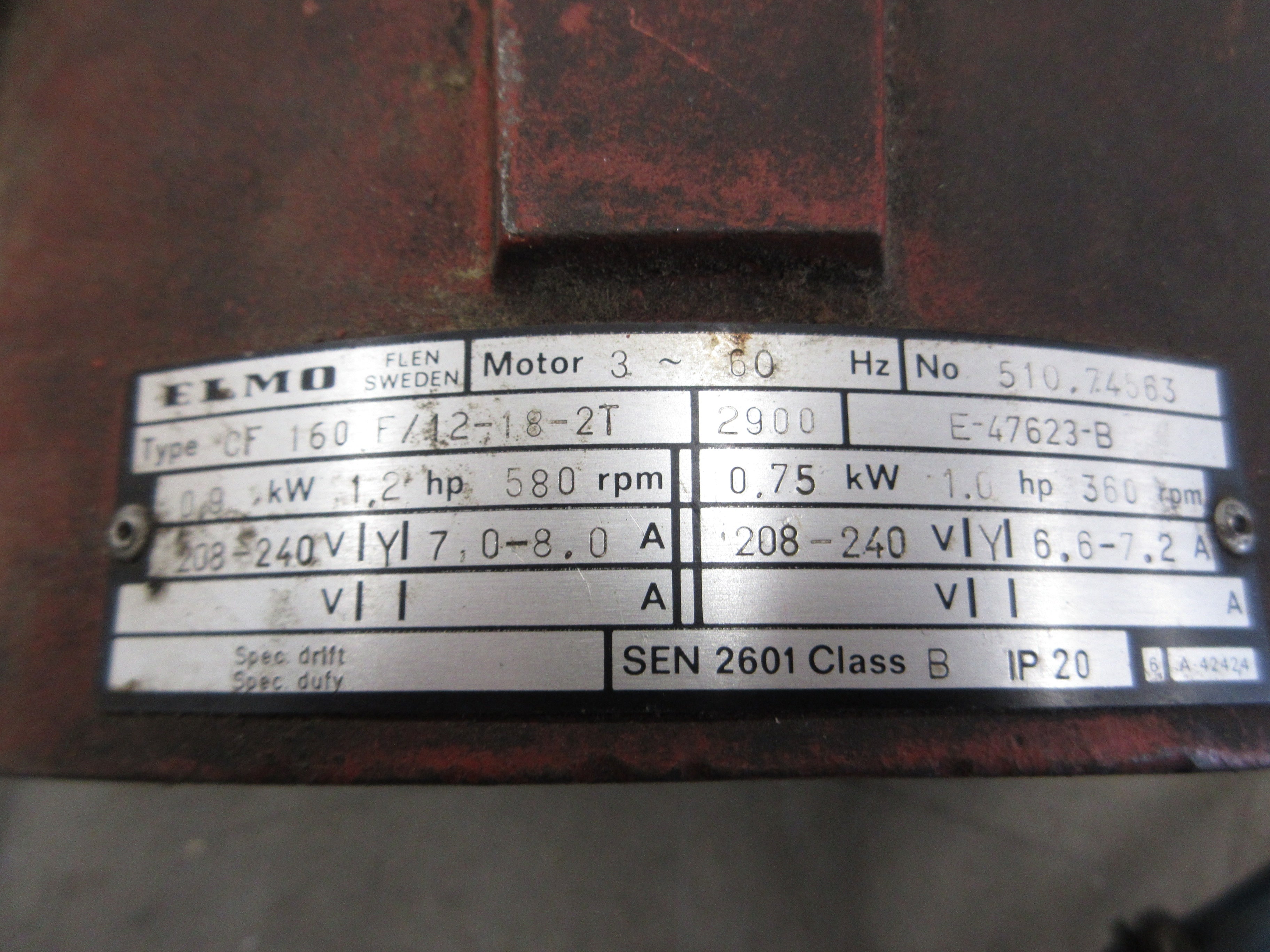 Elmo Drive Motor CF 160 F/42-18-2T 1.2 HP 600RPM 208-240V 7-8A 3Ph 60Hz Used