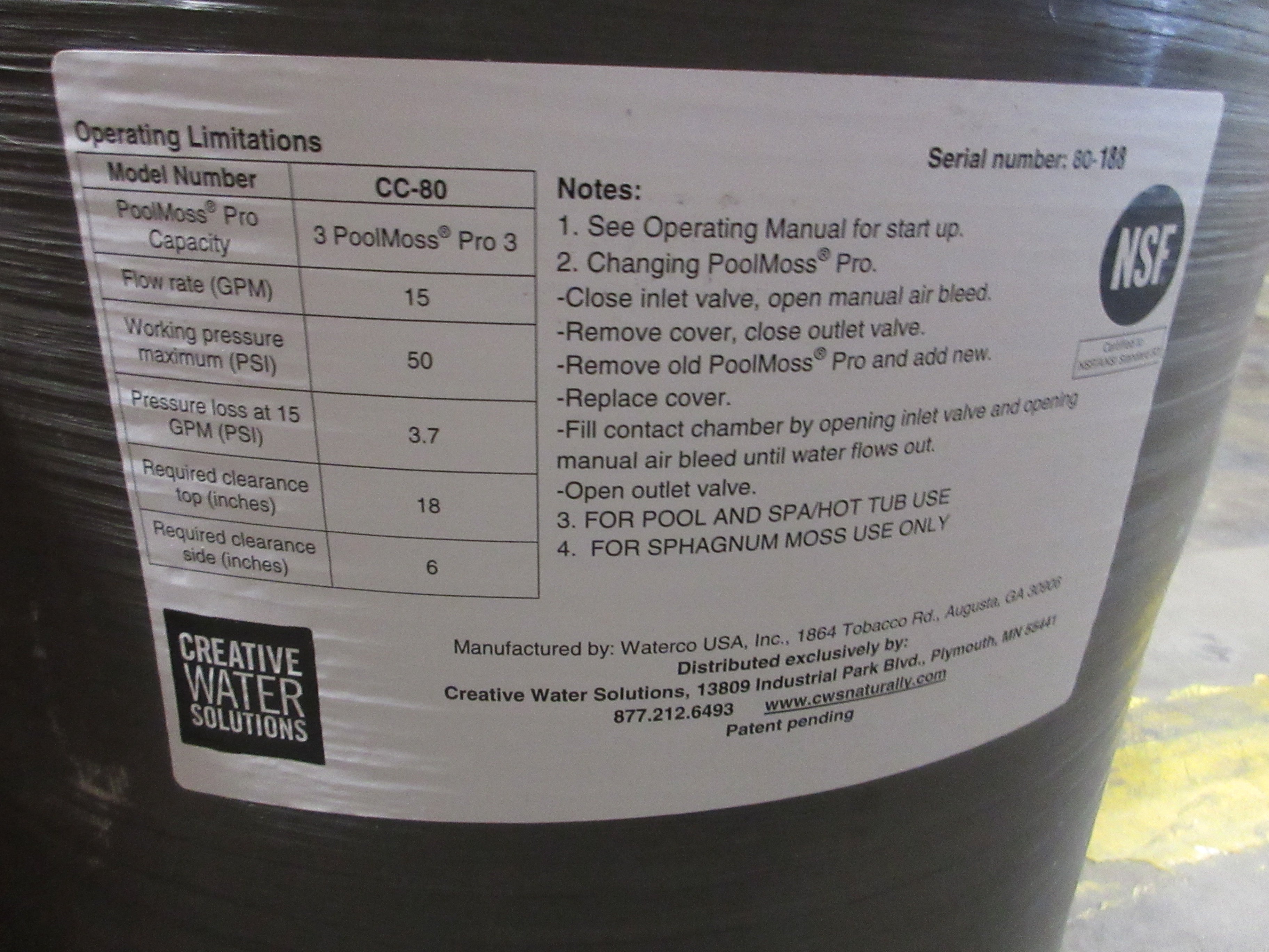 Creative Water Solutions Contact Chamber CC-80 15GPM 50PSI Used