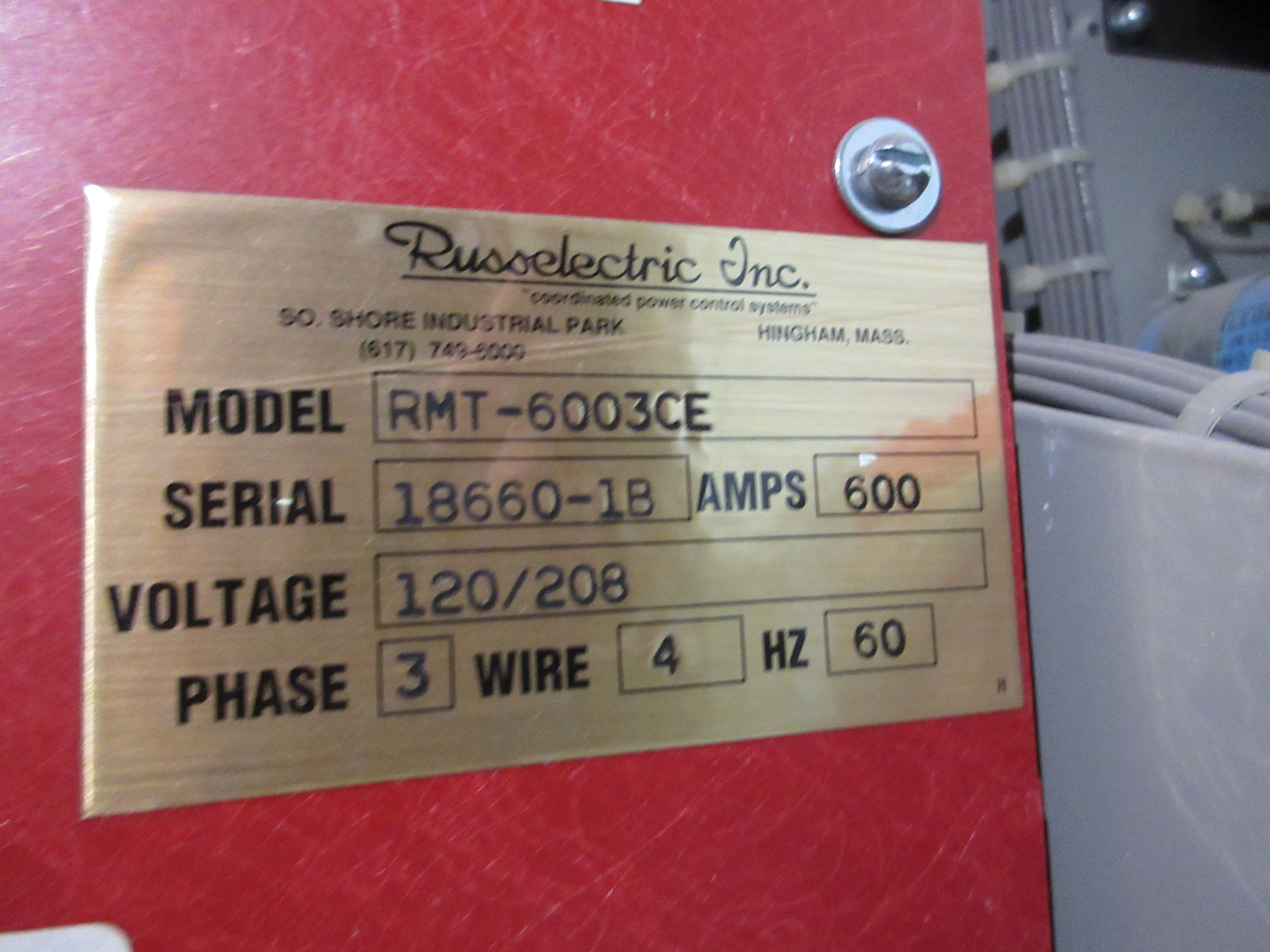 Russelectric Automatic Transfer Switch RMT-6003CE 600A 120/208V 3Ph 4W 60Hz Used