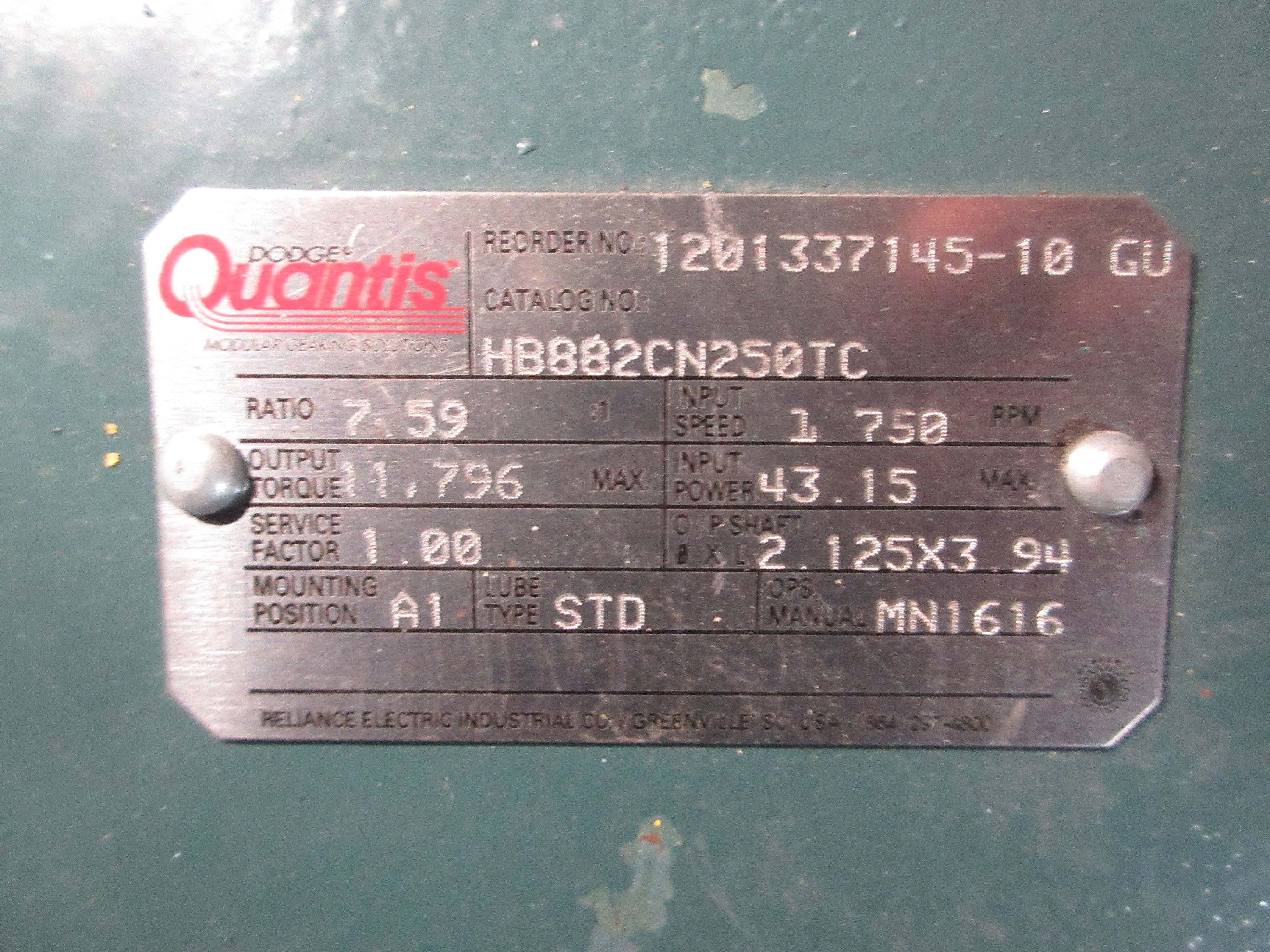 Dodge/Marathon Gearmotor HB882CN250TC/Y549 15 HP 230/460V 40/20A Ratio 7.59 Used