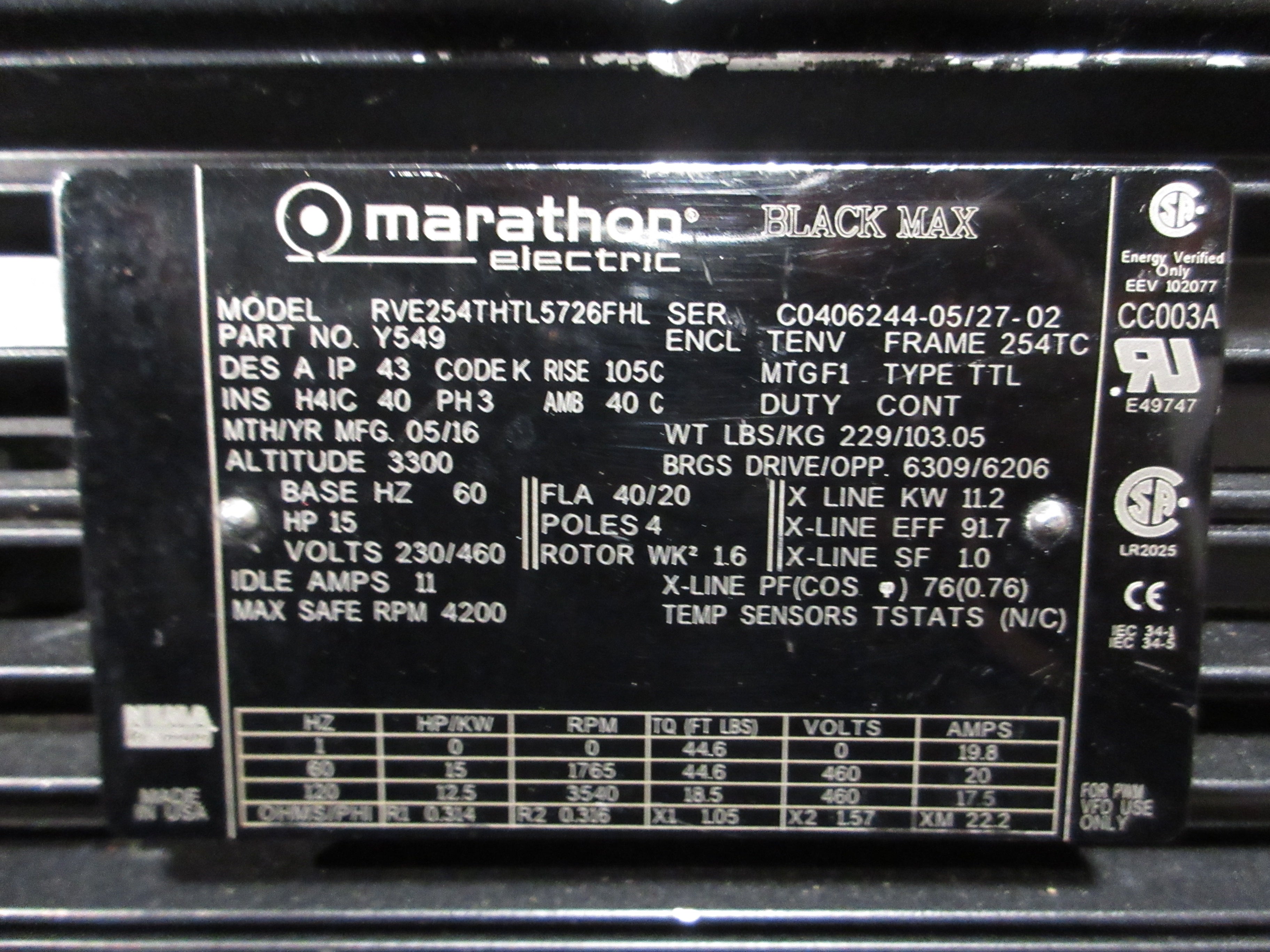 Dodge/Marathon Gearmotor HB882CN250TC/Y549 15 HP 230/460V 40/20A Ratio 7.59 Used