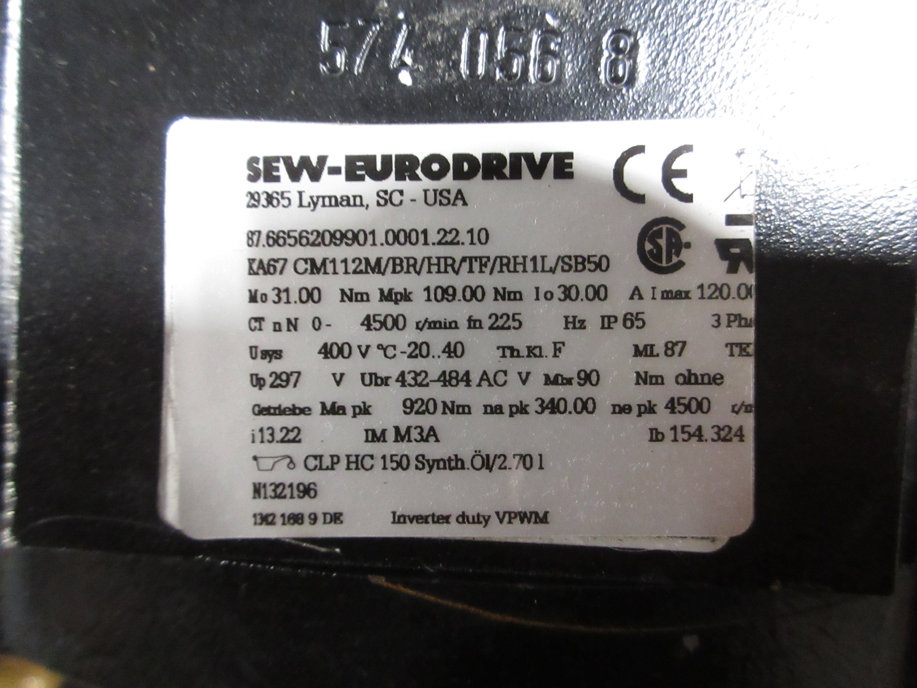 Sew-Eurodrive Servo Gearmotor KA67 CM112M/BR/HR/TF/RH1L/SB50 400V 0-4500RPM Used